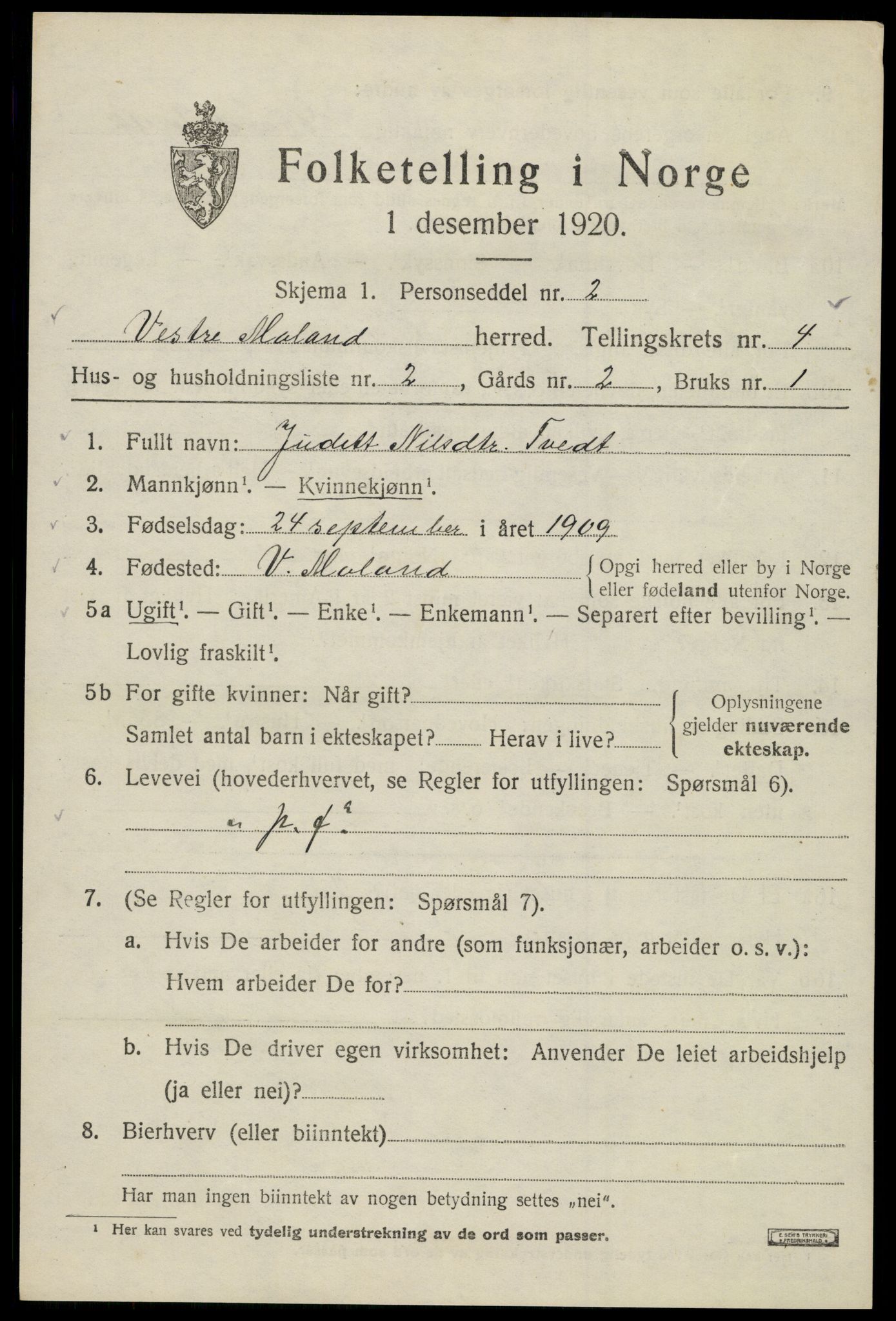 SAK, 1920 census for Vestre Moland, 1920, p. 3569