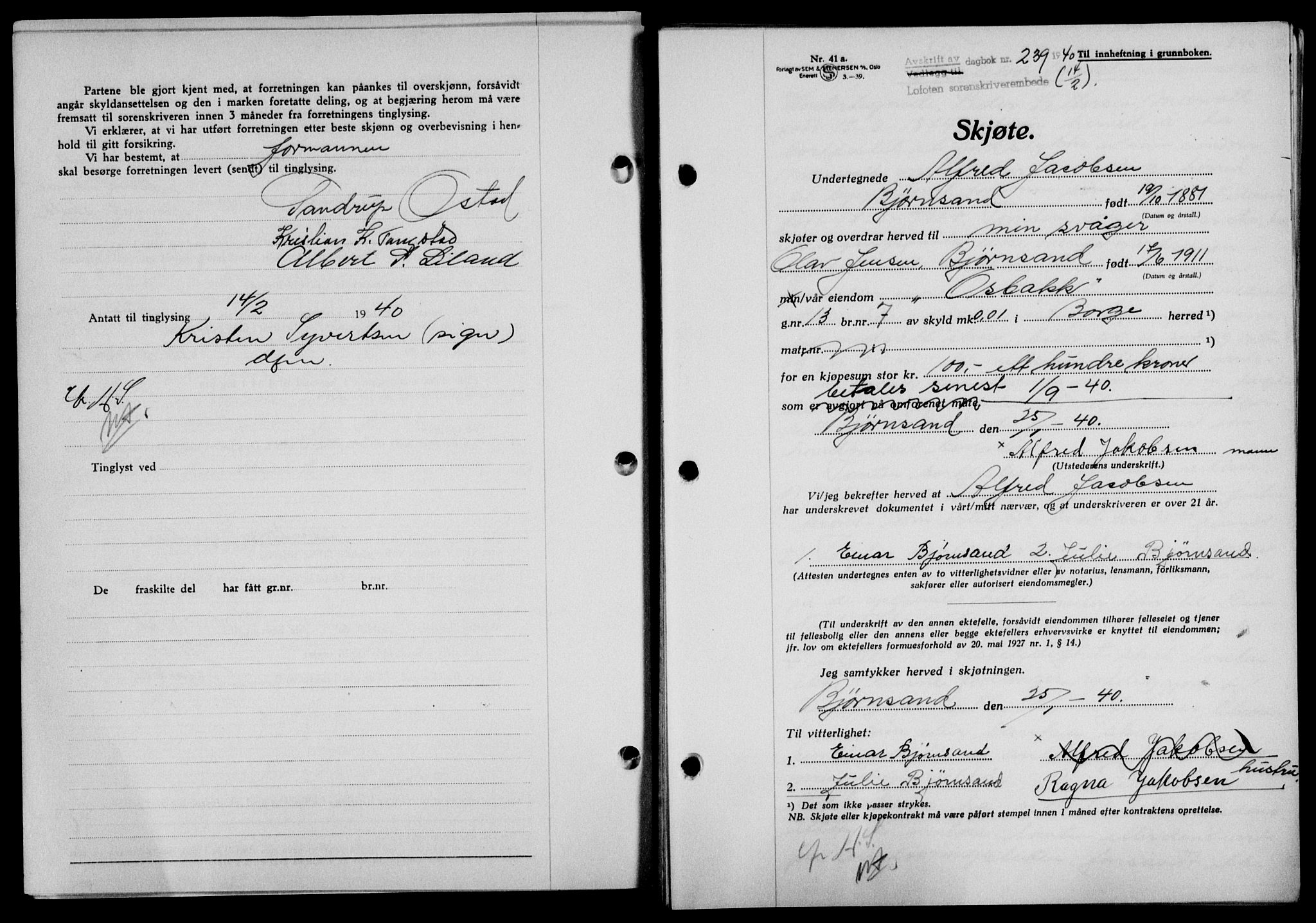 Lofoten sorenskriveri, SAT/A-0017/1/2/2C/L0007a: Mortgage book no. 7a, 1939-1940, Diary no: : 239/1940