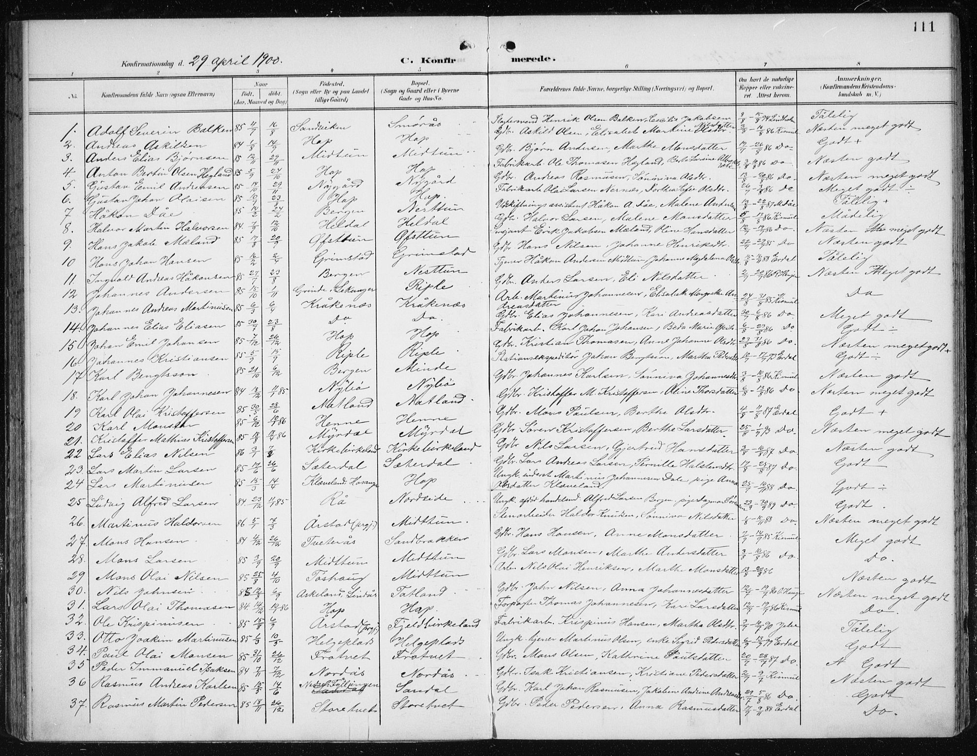 Fana Sokneprestembete, SAB/A-75101/H/Haa/Haai/L0003: Parish register (official) no. I 3, 1900-1912, p. 111