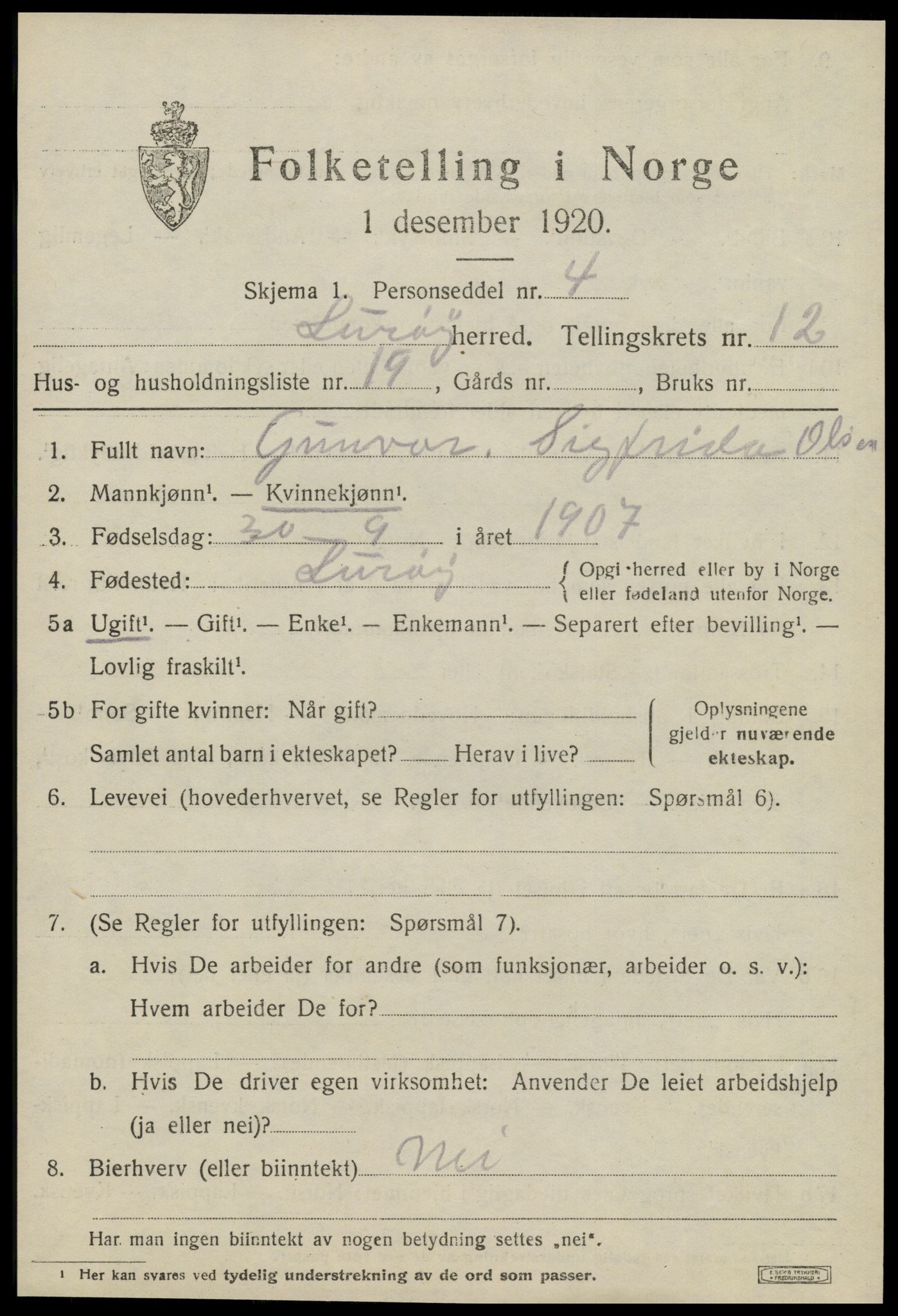 SAT, 1920 census for Lurøy, 1920, p. 5175