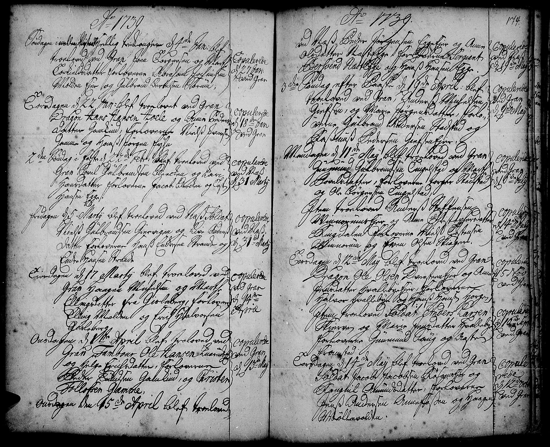 Gran prestekontor, SAH/PREST-112/H/Ha/Haa/L0002: Parish register (official) no. 2, 1732-1744, p. 174