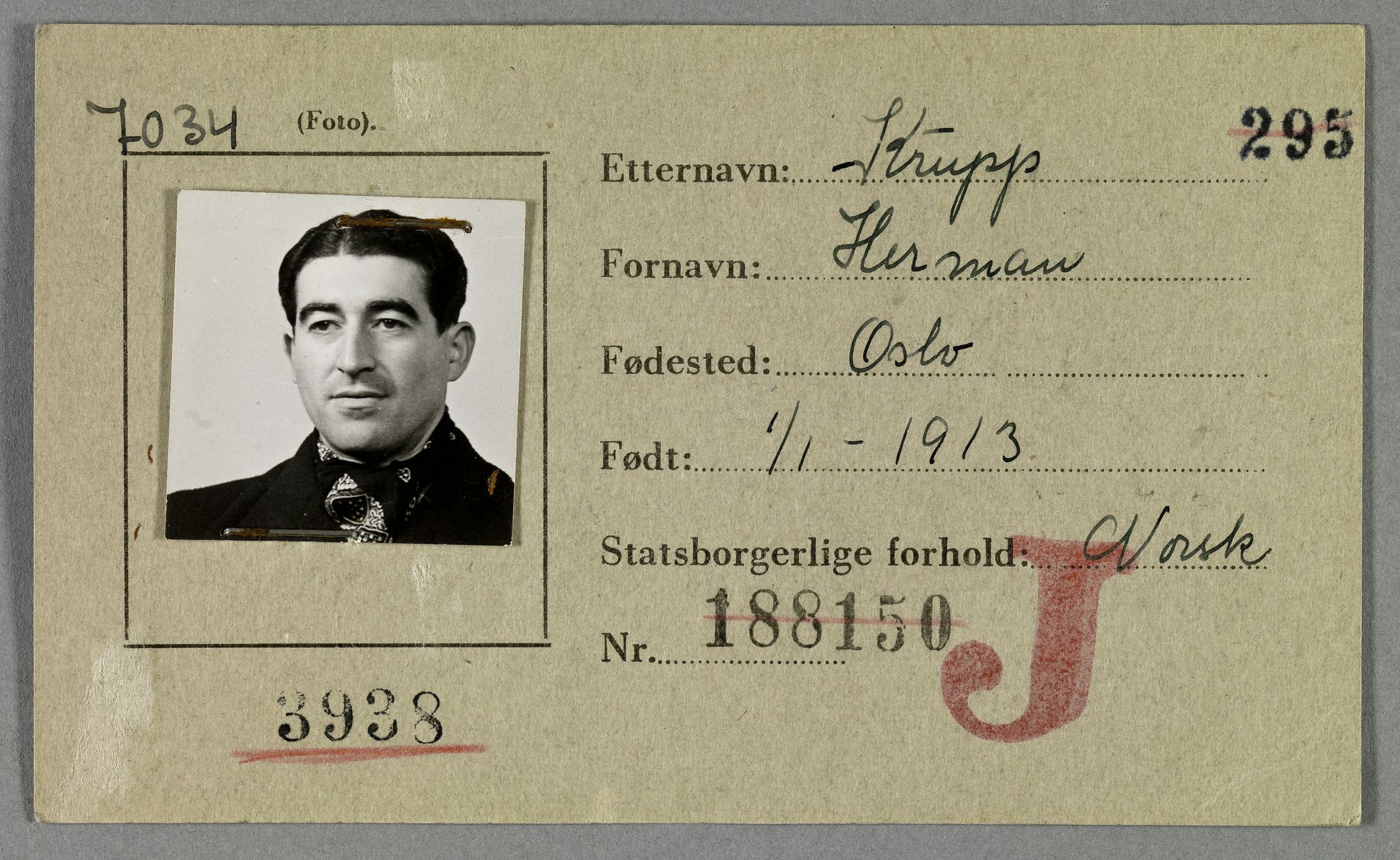 Sosialdepartementet, Våre Falne, RA/S-1708/E/Ee/L0021A: Fotografier av jøder på legitimasjonskort (1941-42), 1941-1942, p. 217