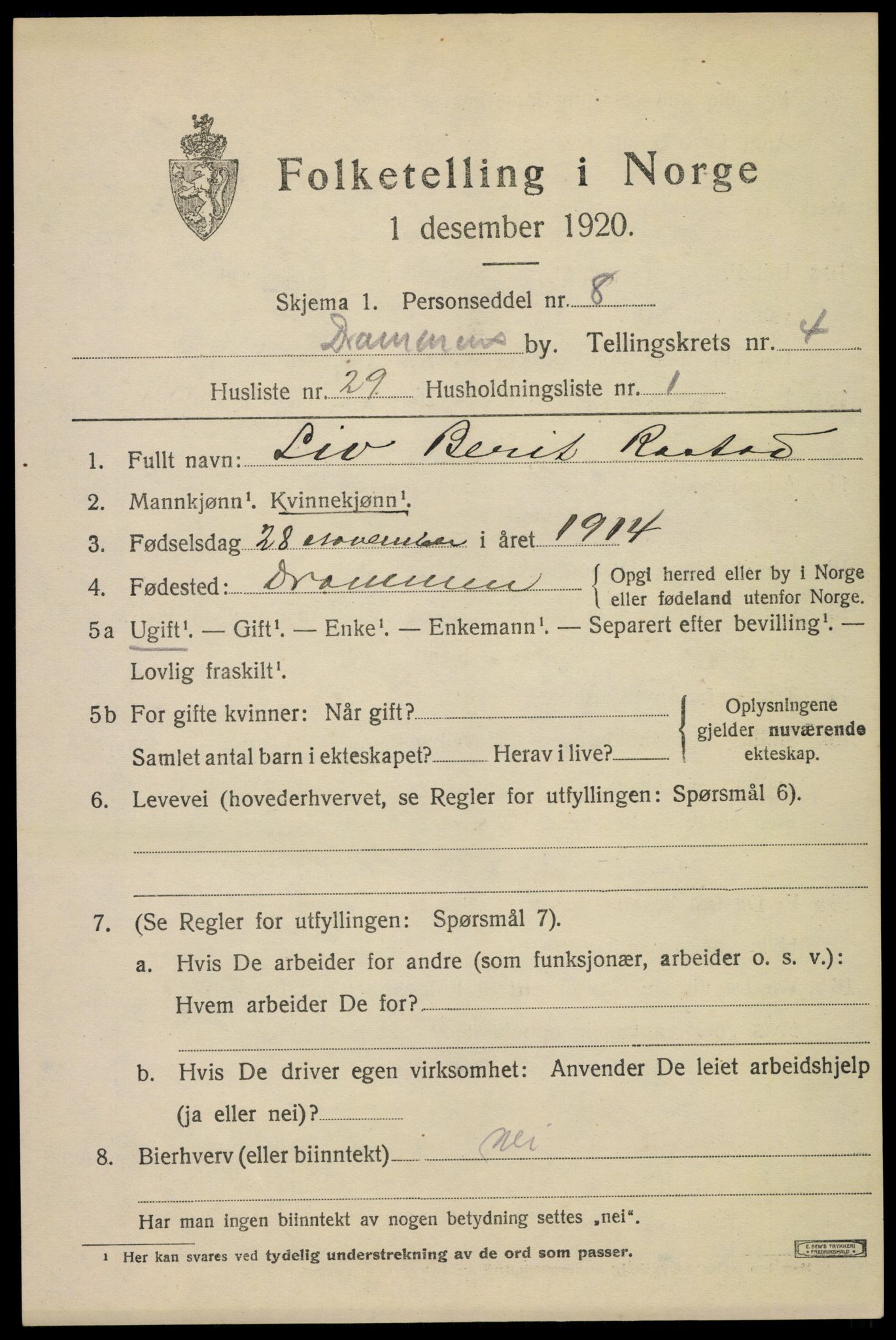 SAKO, 1920 census for Drammen, 1920, p. 33271