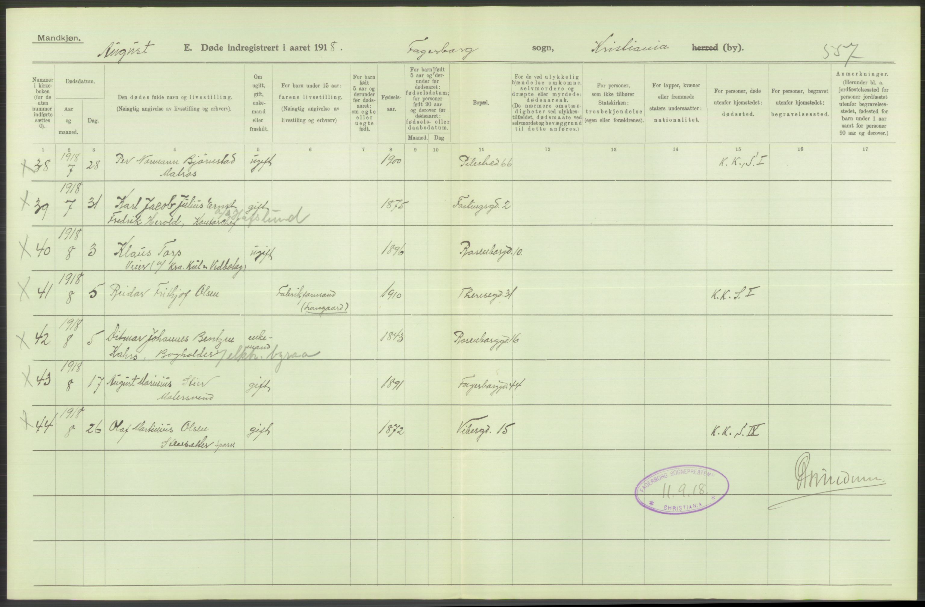 Statistisk sentralbyrå, Sosiodemografiske emner, Befolkning, RA/S-2228/D/Df/Dfb/Dfbh/L0010: Kristiania: Døde, 1918, p. 256