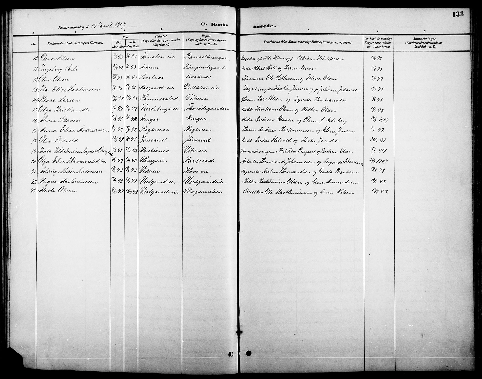 Stange prestekontor, SAH/PREST-002/L/L0011: Parish register (copy) no. 11, 1895-1917, p. 133