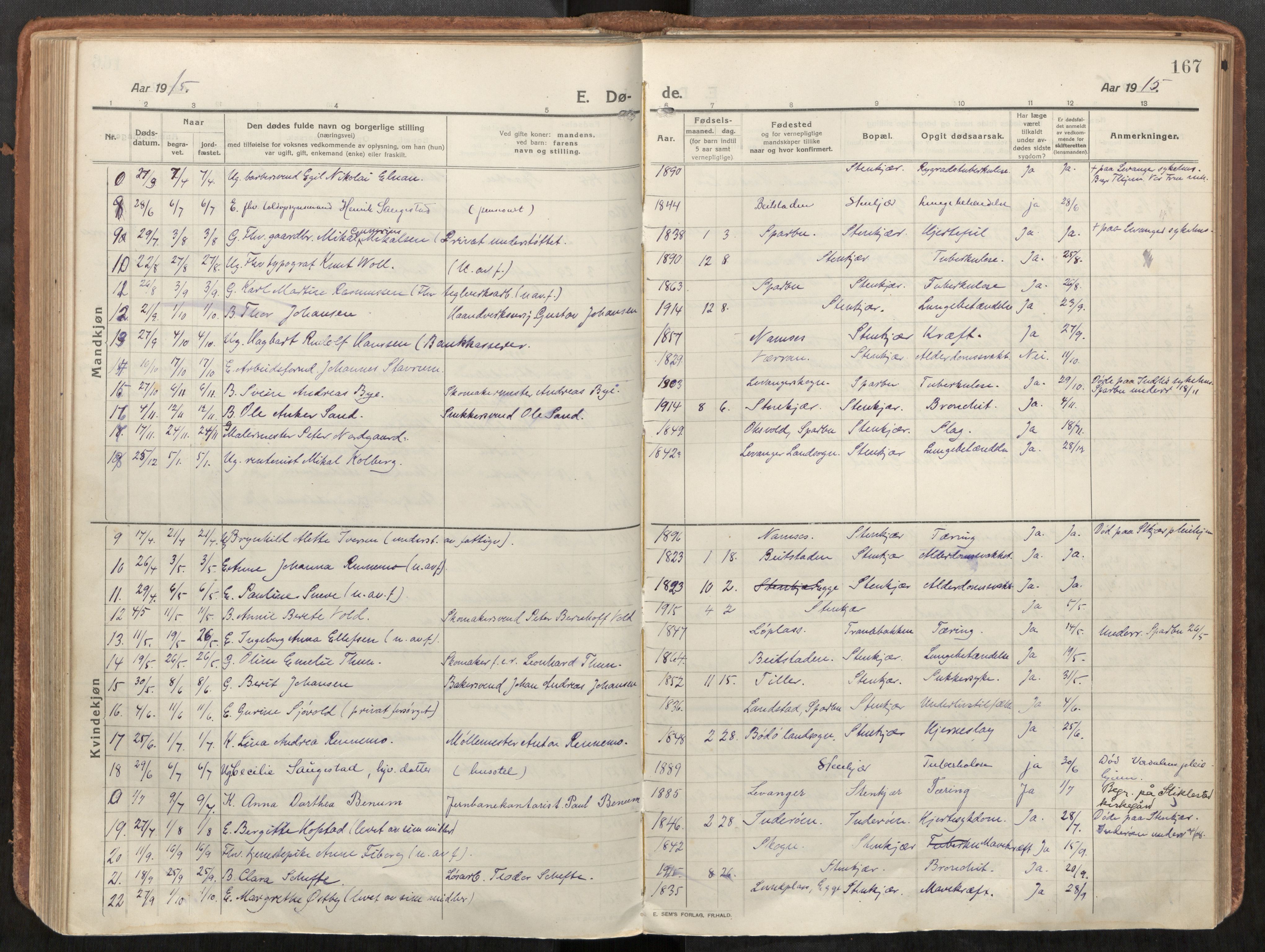 Steinkjer sokneprestkontor, AV/SAT-A-1541/01/H/Ha/Haa/L0003: Parish register (official) no. 3, 1913-1922, p. 167