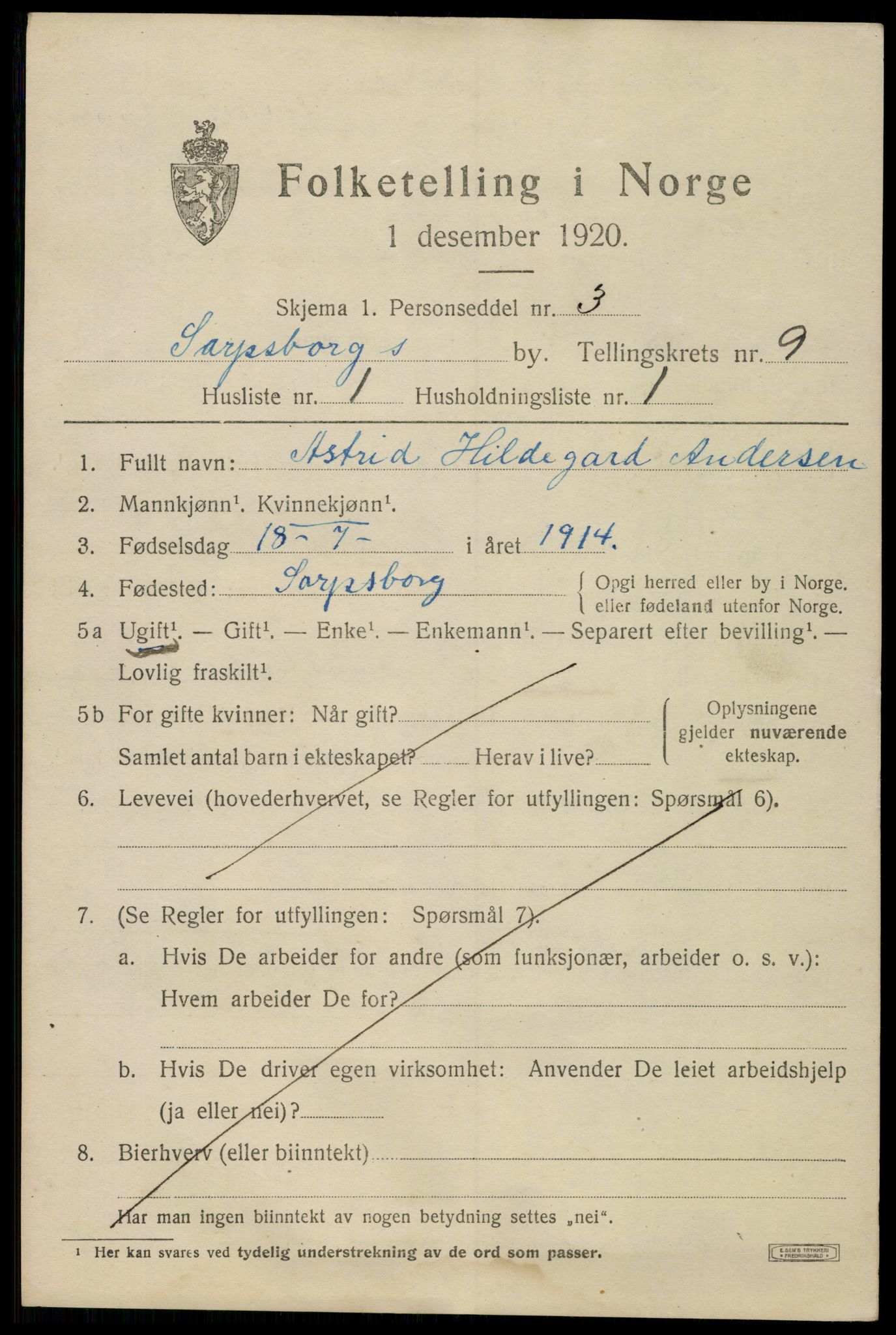 SAO, 1920 census for Sarpsborg, 1920, p. 18890