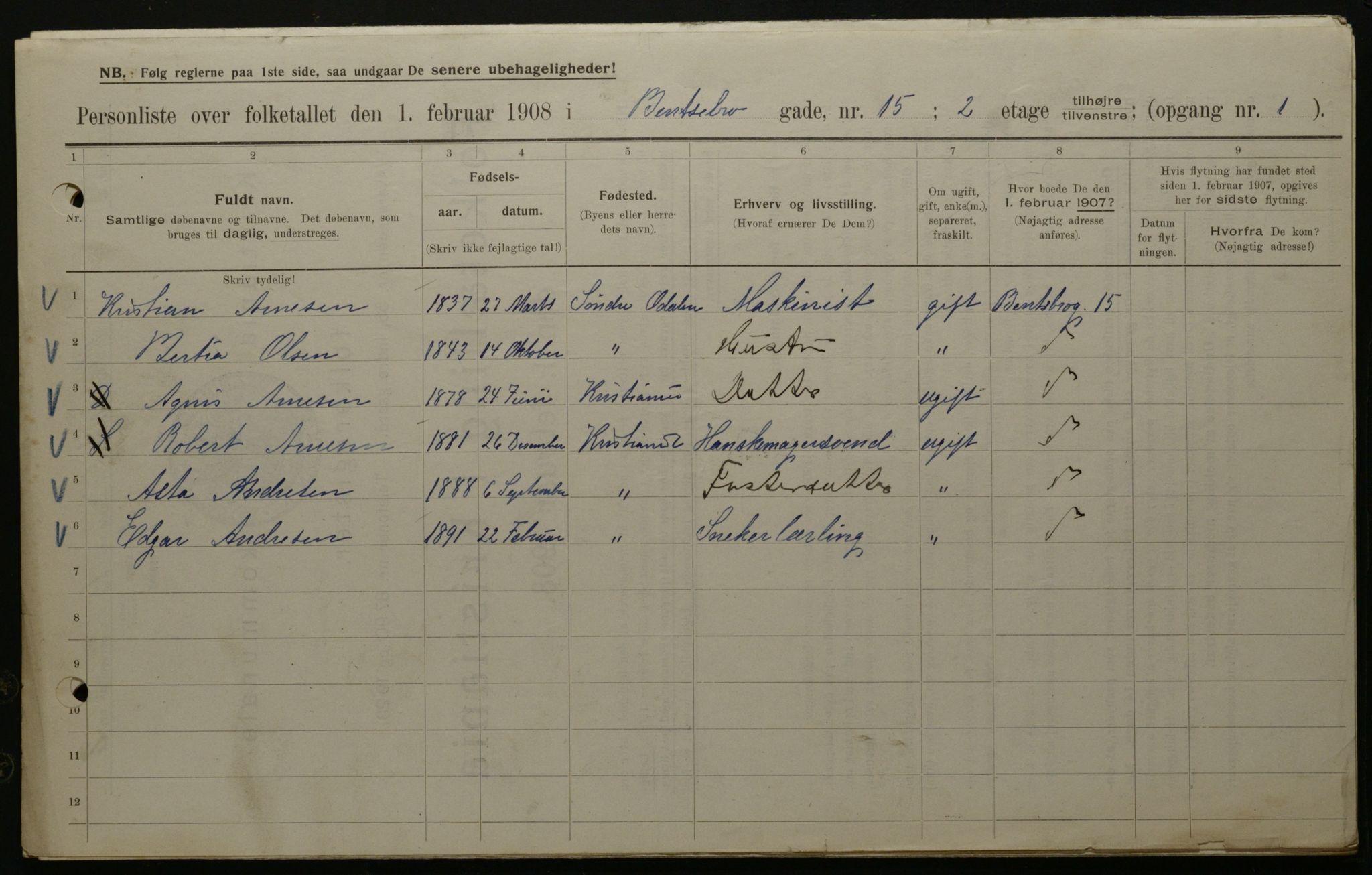 OBA, Municipal Census 1908 for Kristiania, 1908, p. 3537