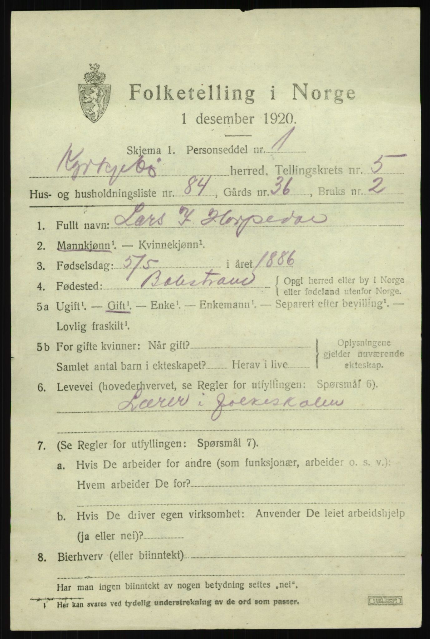 SAB, 1920 census for Kyrkjebø, 1920, p. 2913