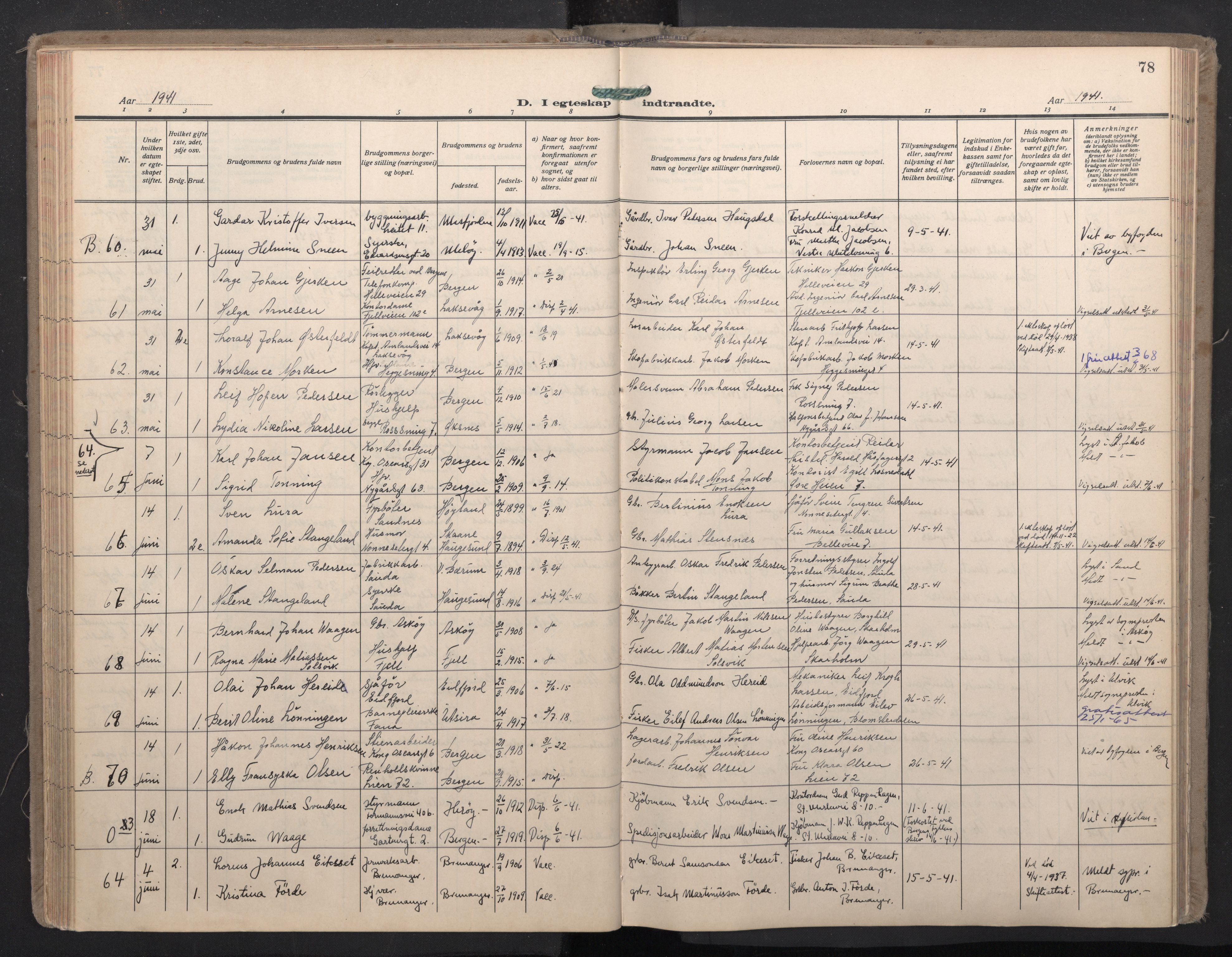 Domkirken sokneprestembete, AV/SAB-A-74801/H/Haa: Parish register (official) no. D 7, 1937-1950, p. 77b-78a