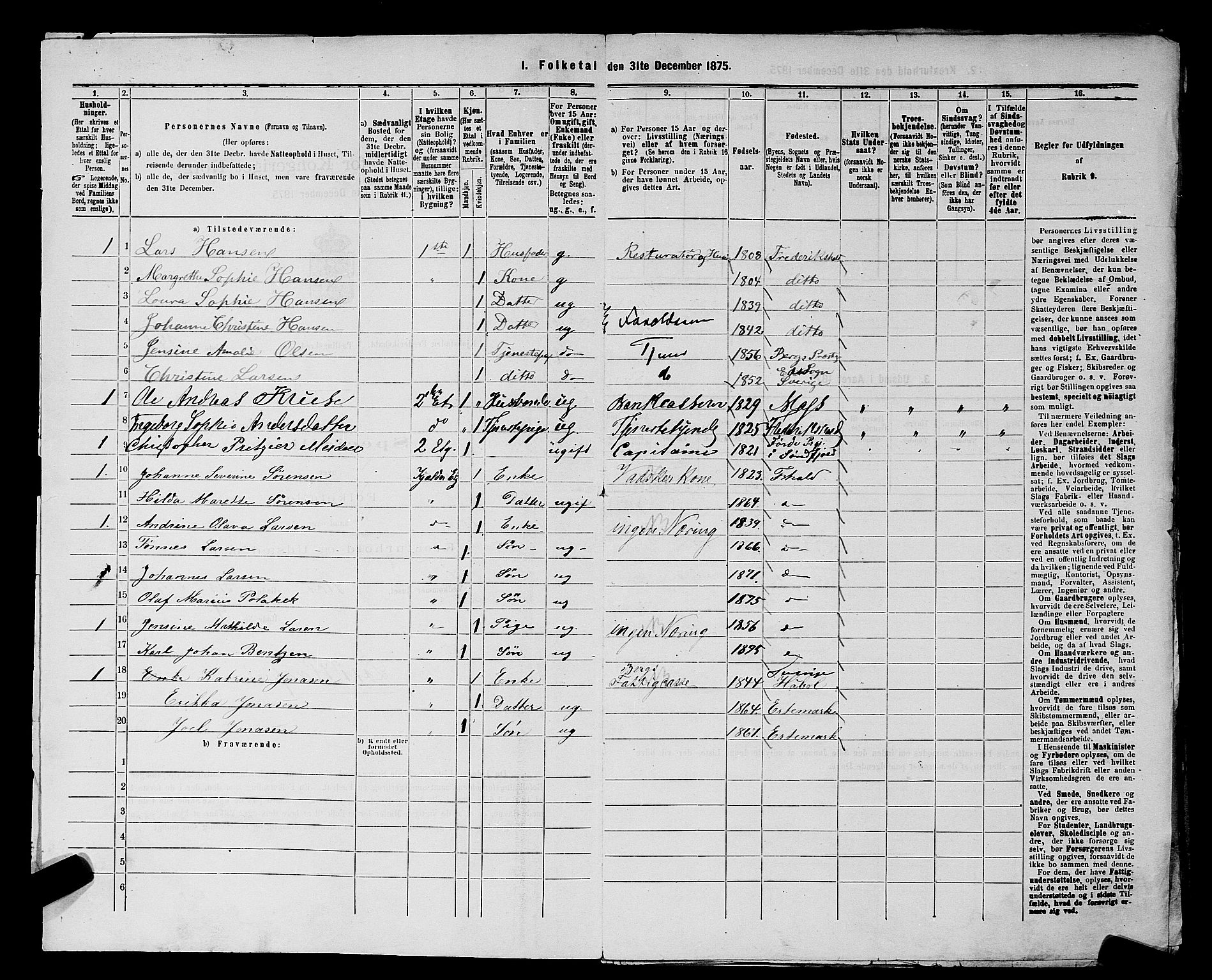 RA, 1875 census for 0101P Fredrikshald, 1875, p. 838