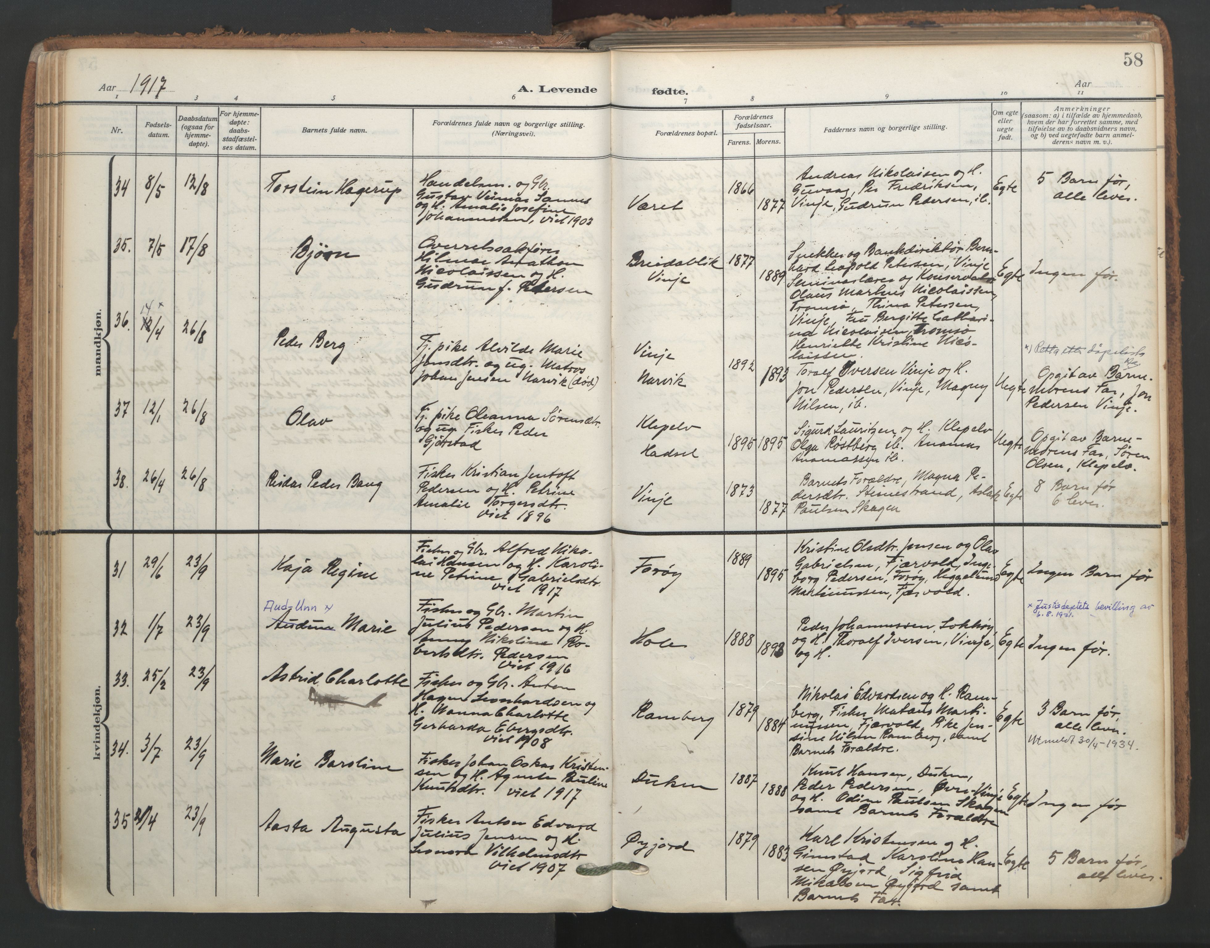 Ministerialprotokoller, klokkerbøker og fødselsregistre - Nordland, SAT/A-1459/891/L1306: Parish register (official) no. 891A11, 1911-1927, p. 58