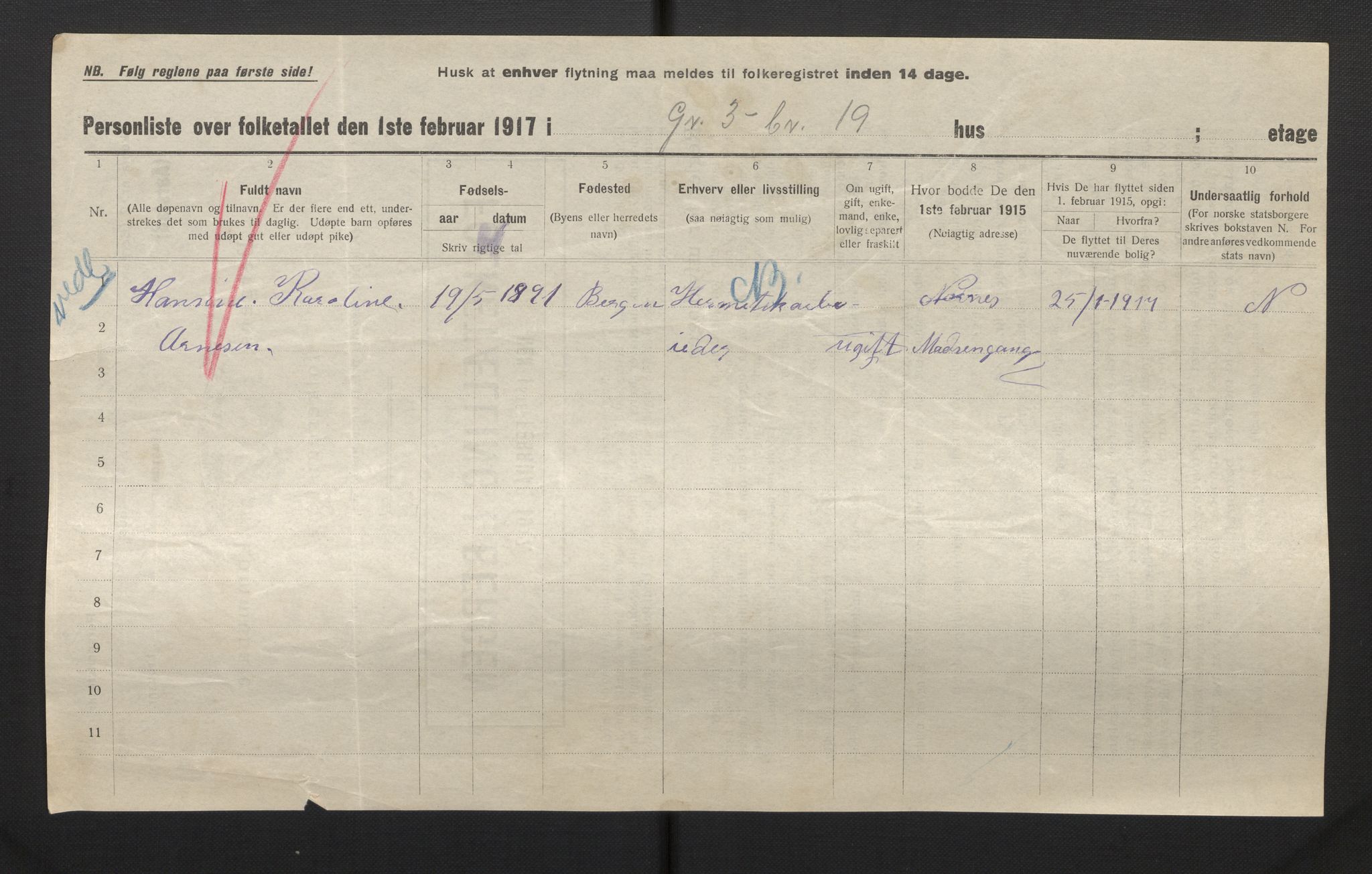 SAB, Municipal Census 1917 for Bergen, 1917, p. 46911