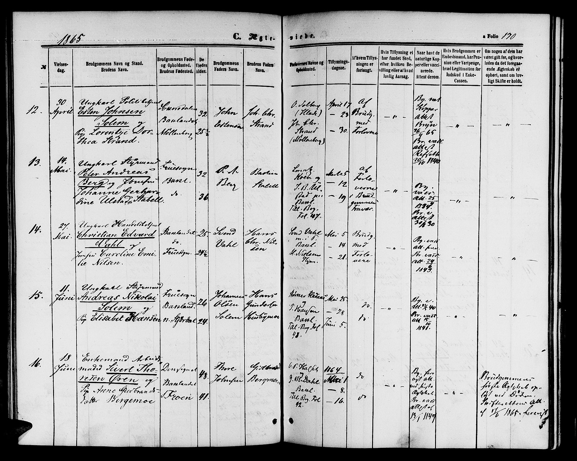 Ministerialprotokoller, klokkerbøker og fødselsregistre - Sør-Trøndelag, SAT/A-1456/604/L0185: Parish register (official) no. 604A06, 1861-1865, p. 170