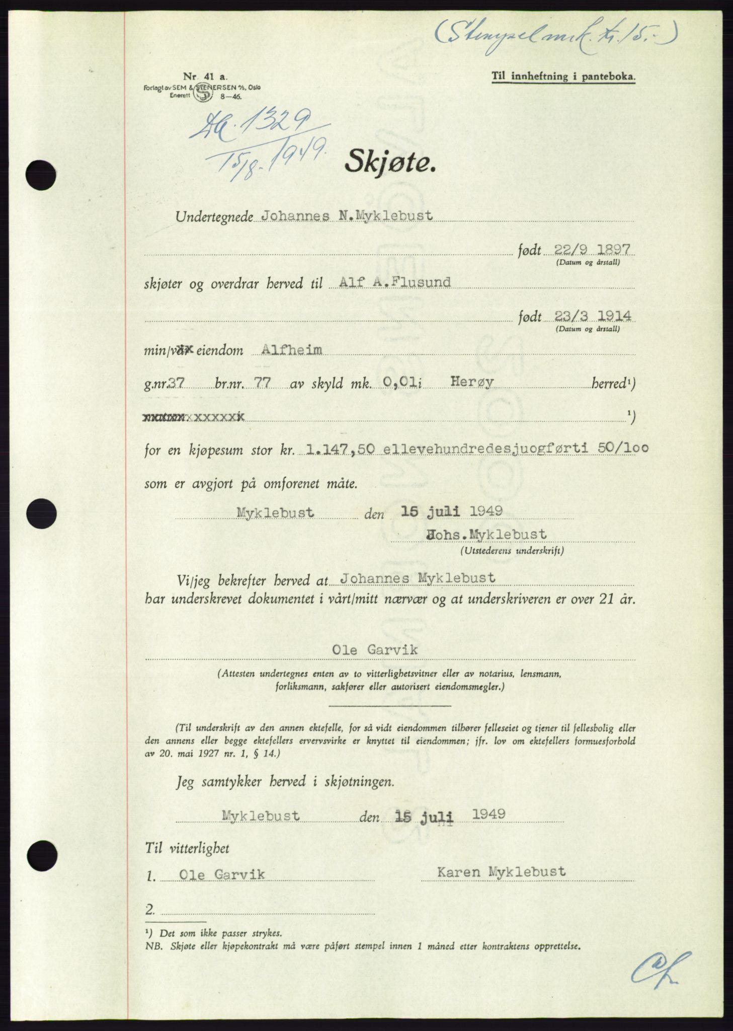 Søre Sunnmøre sorenskriveri, AV/SAT-A-4122/1/2/2C/L0085: Mortgage book no. 11A, 1949-1949, Diary no: : 1329/1949