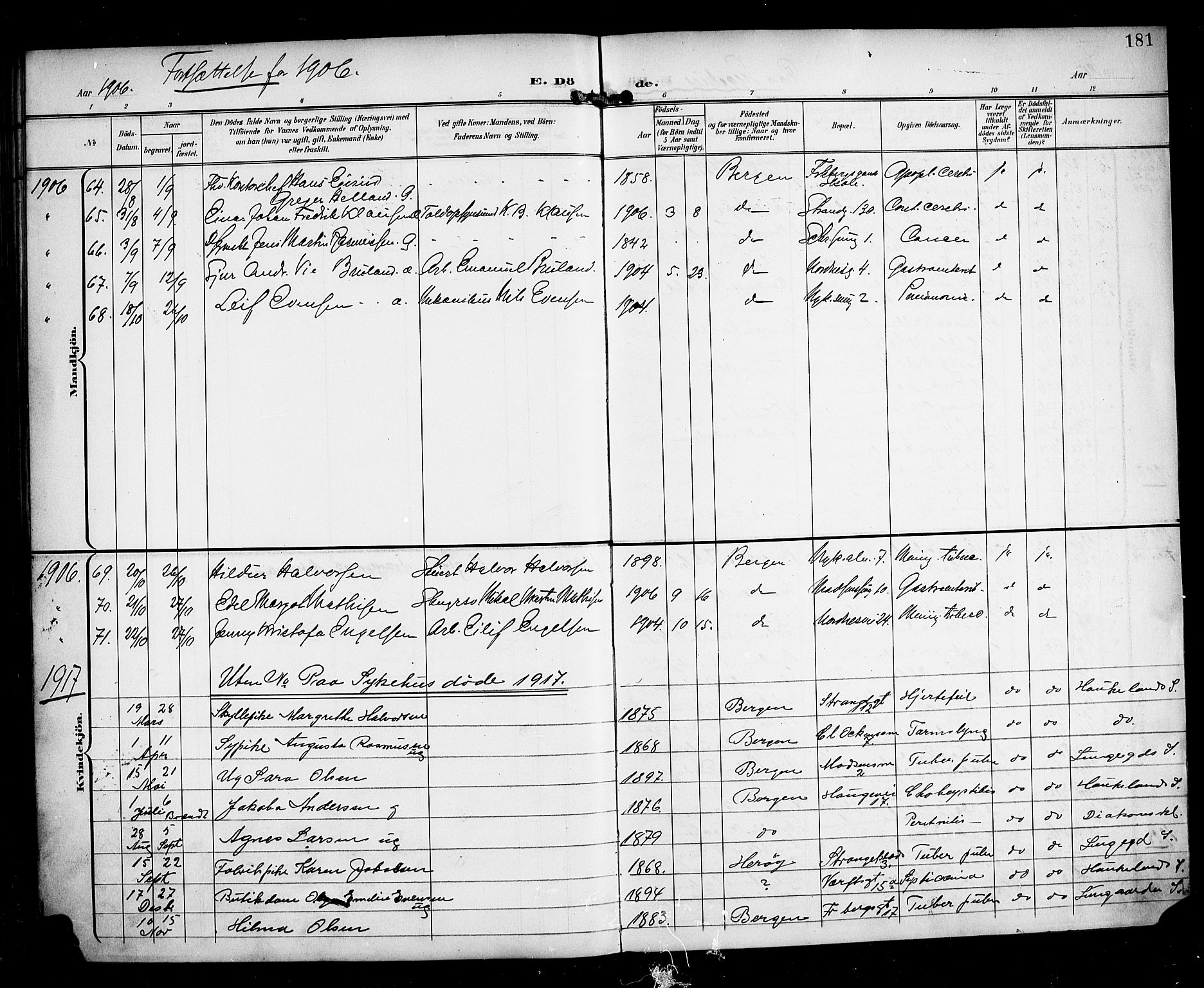 Nykirken Sokneprestembete, SAB/A-77101/H/Haa/L0045: Parish register (official) no. E 5, 1899-1917, p. 181