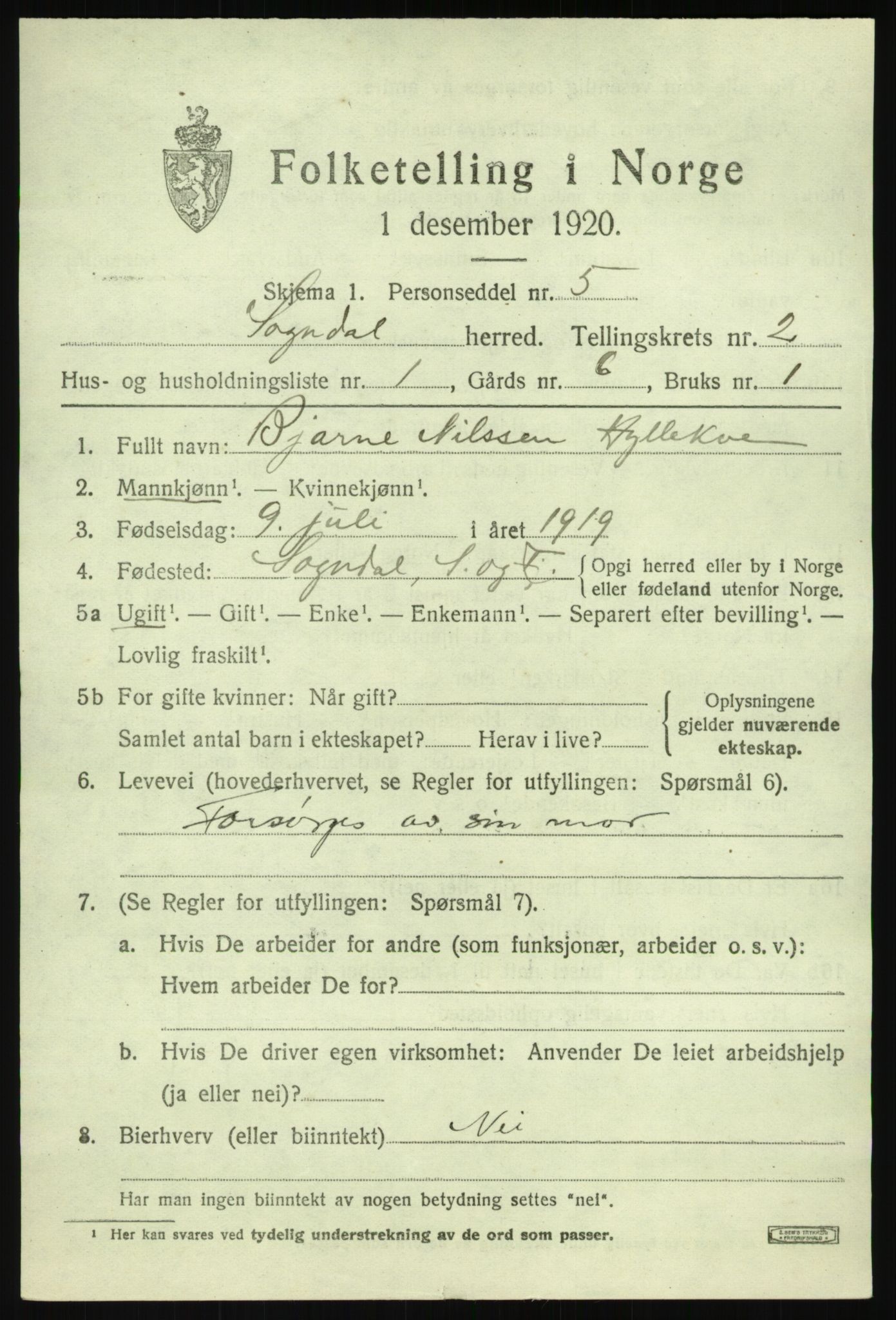 SAB, 1920 census for Sogndal, 1920, p. 1659