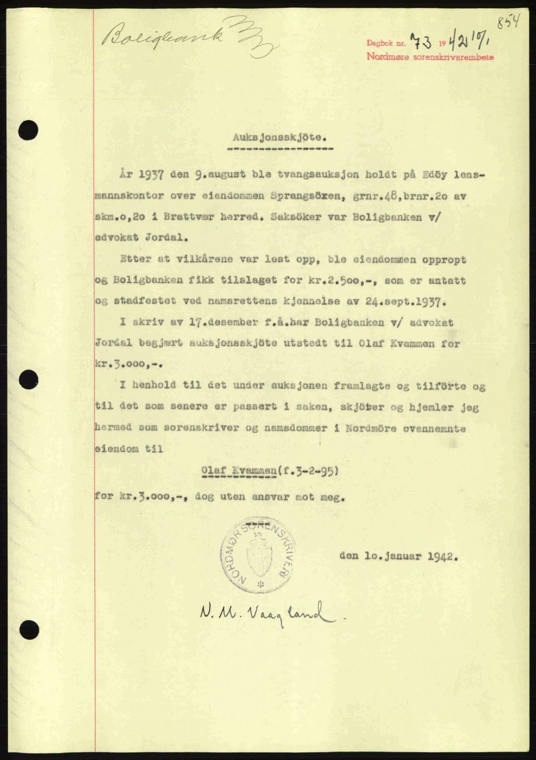 Nordmøre sorenskriveri, AV/SAT-A-4132/1/2/2Ca: Mortgage book no. A91, 1941-1942, Diary no: : 73/1942