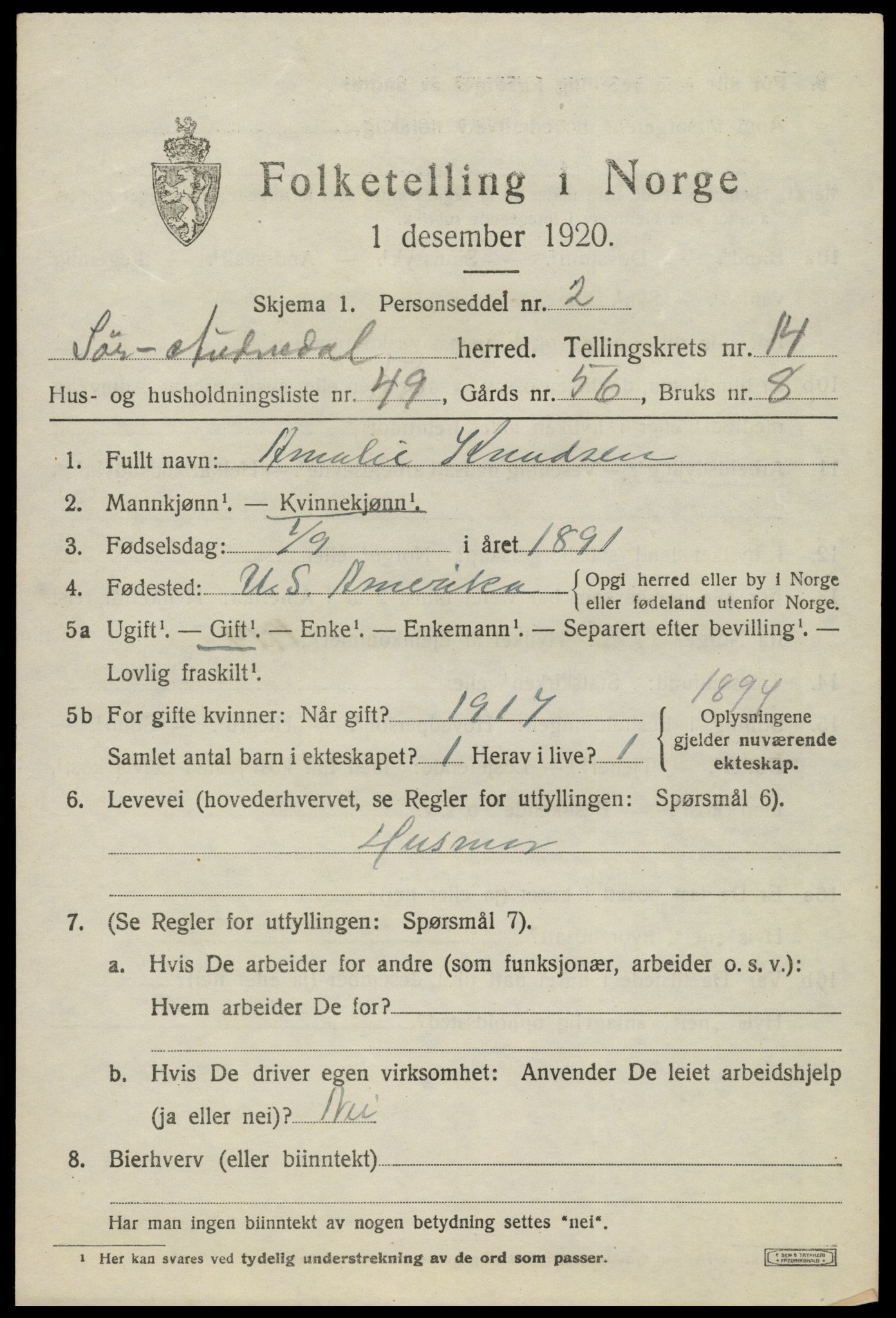 SAK, 1920 census for Sør-Audnedal, 1920, p. 5633