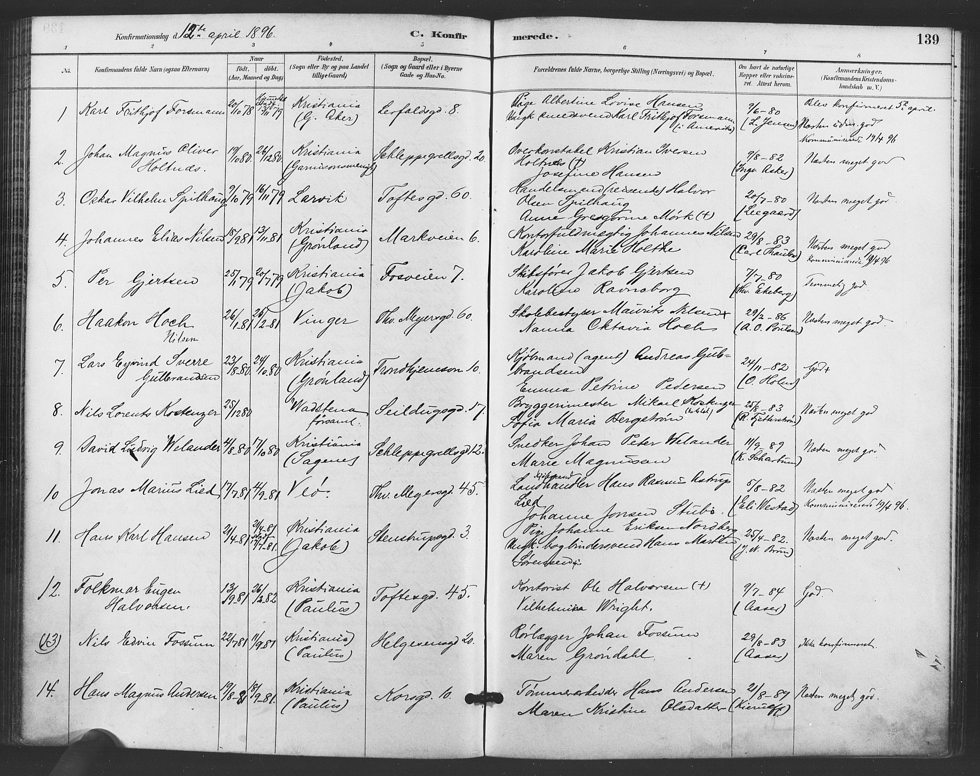 Paulus prestekontor Kirkebøker, AV/SAO-A-10871/F/Fa/L0006: Parish register (official) no. 6, 1889-1896, p. 139