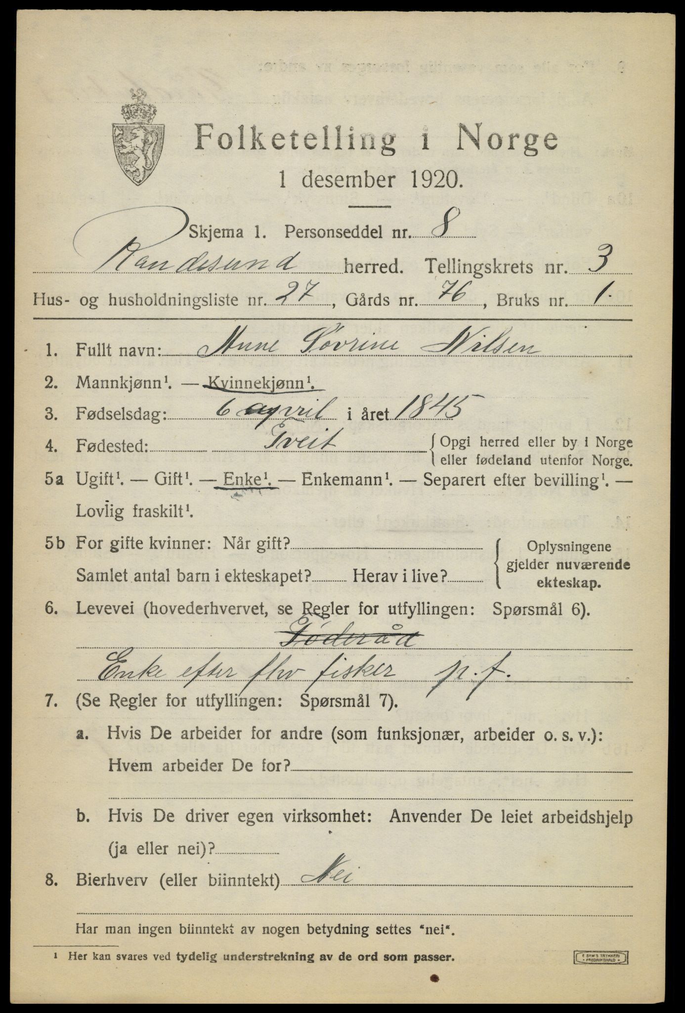 SAK, 1920 census for Randesund, 1920, p. 1772