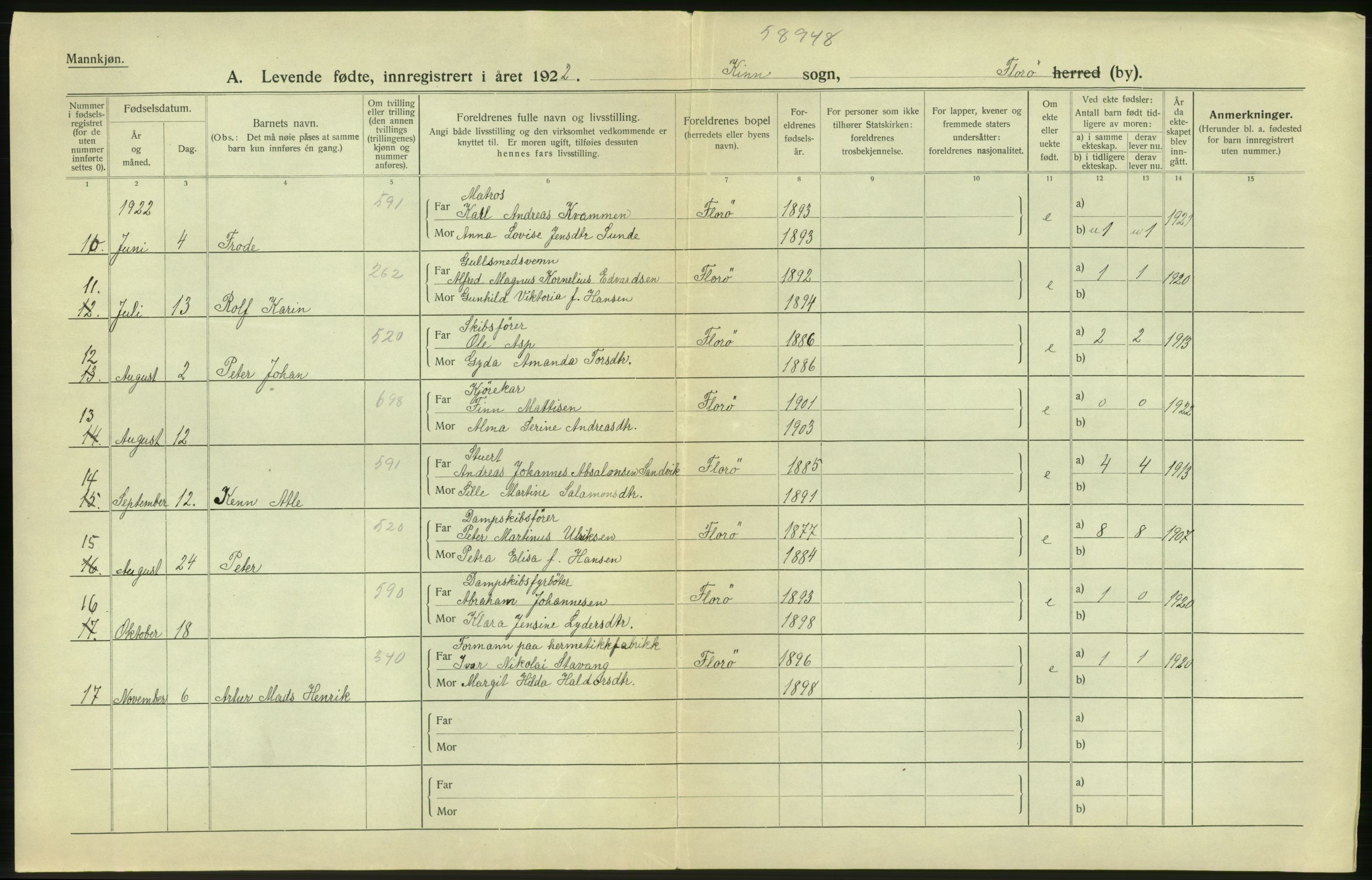 Statistisk sentralbyrå, Sosiodemografiske emner, Befolkning, AV/RA-S-2228/D/Df/Dfc/Dfcb/L0033: Florø by: Levendefødte menn og kvinner, gifte, døde., 1922, p. 4