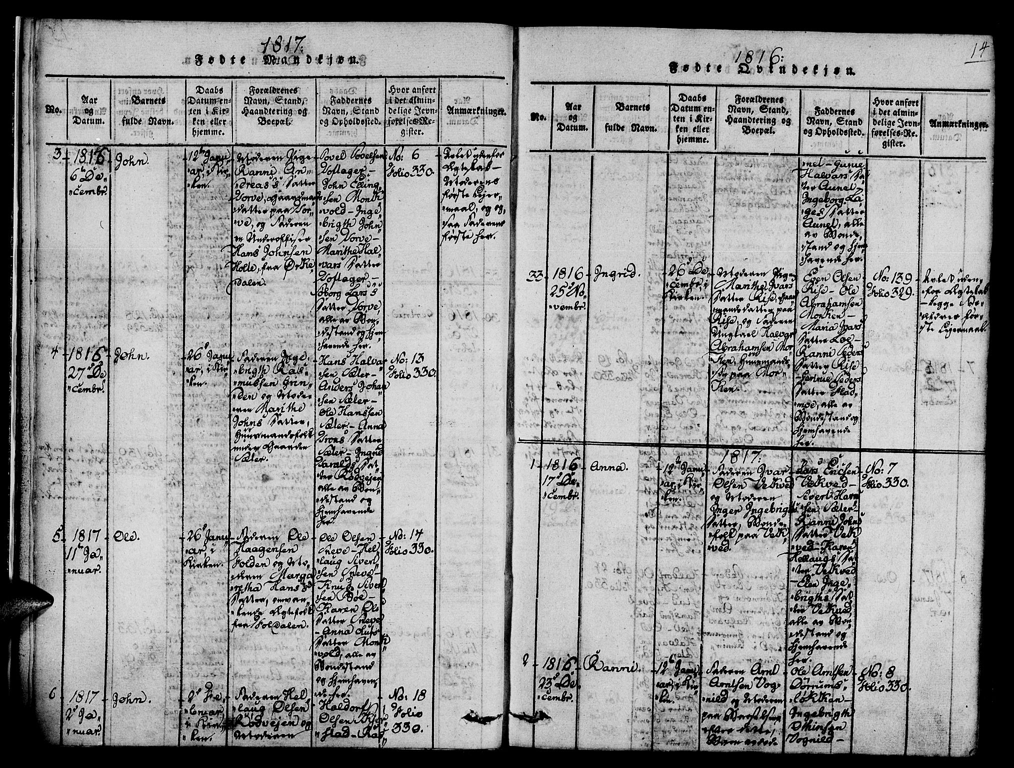 Ministerialprotokoller, klokkerbøker og fødselsregistre - Sør-Trøndelag, SAT/A-1456/678/L0895: Parish register (official) no. 678A05 /1, 1816-1821, p. 14