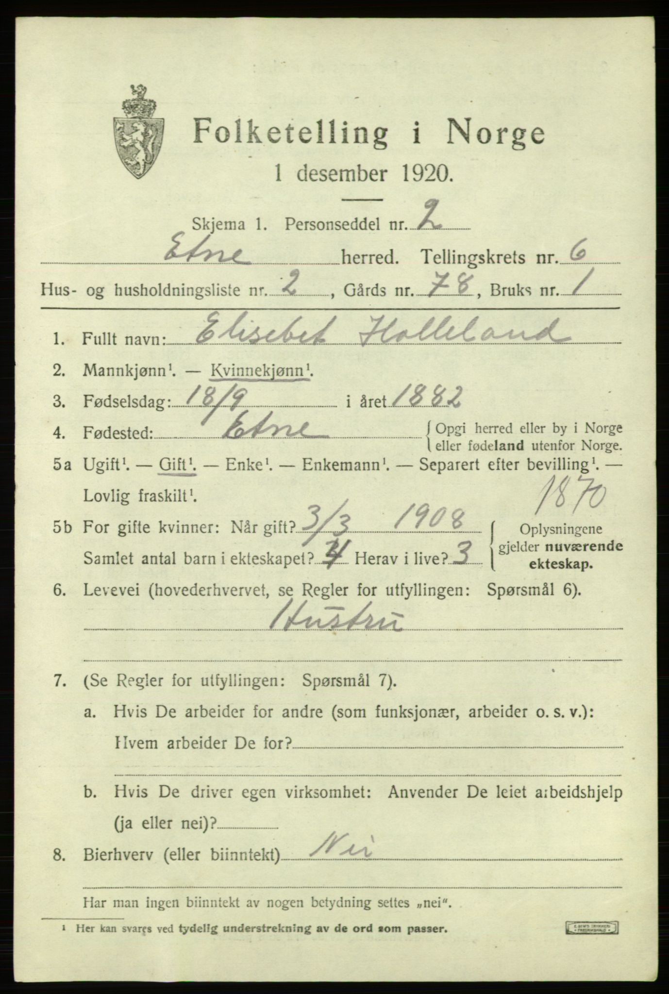 SAB, 1920 census for Etne, 1920, p. 2727