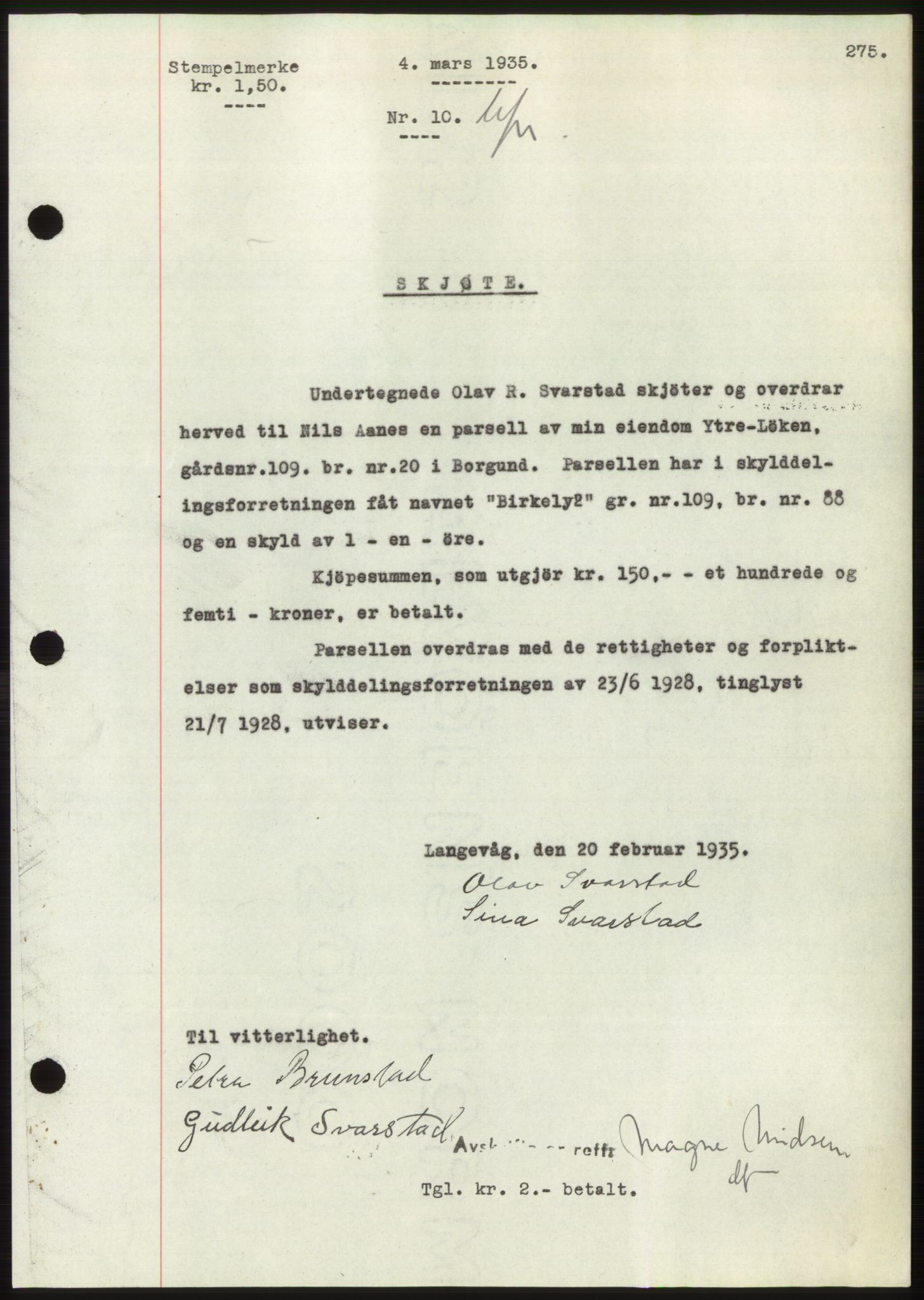 Nordre Sunnmøre sorenskriveri, AV/SAT-A-0006/1/2/2C/2Ca/L0057: Mortgage book no. 57, 1934-1935, Deed date: 04.03.1935