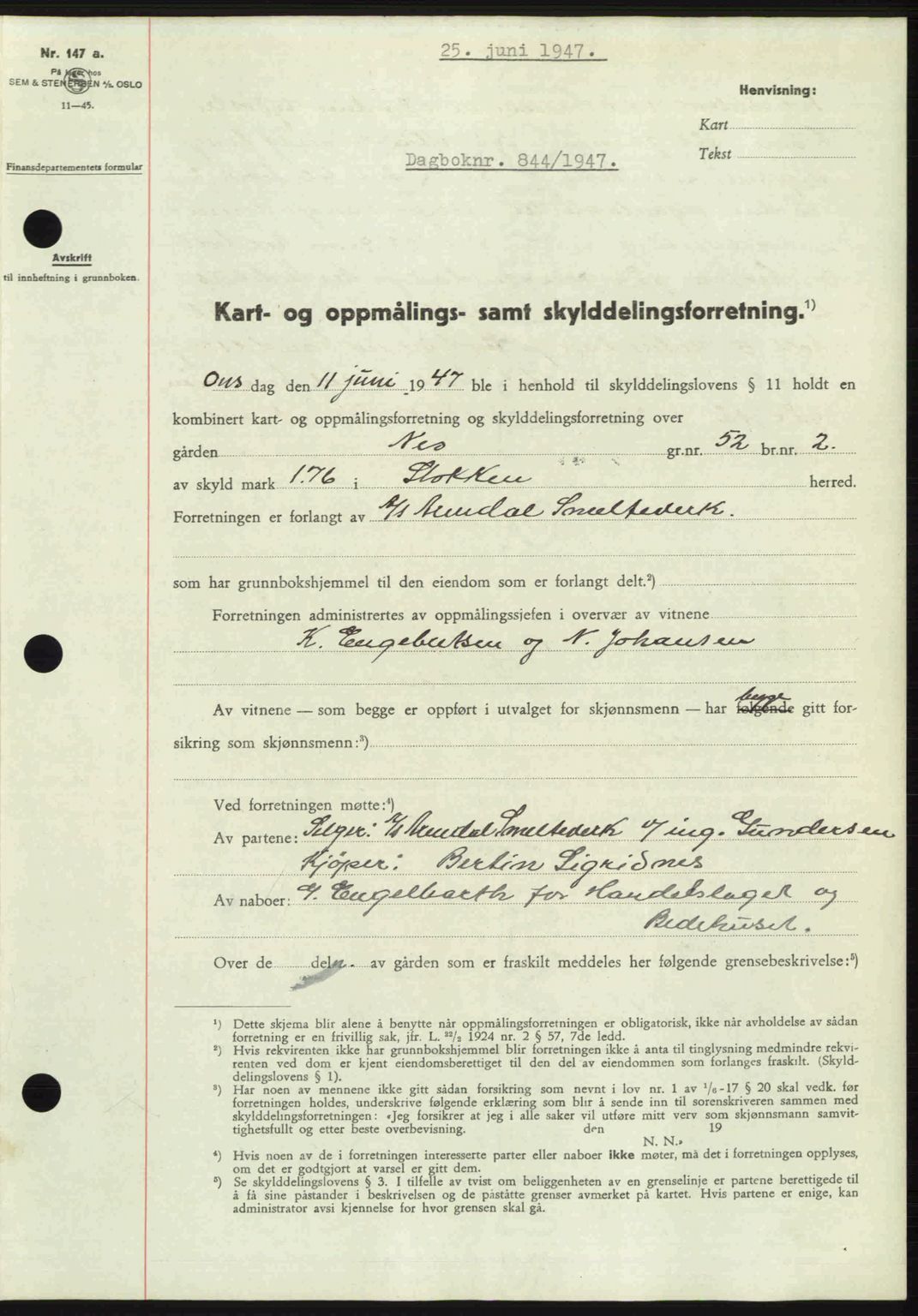 Nedenes sorenskriveri, AV/SAK-1221-0006/G/Gb/Gba/L0057: Mortgage book no. A9, 1947-1947, Diary no: : 844/1947