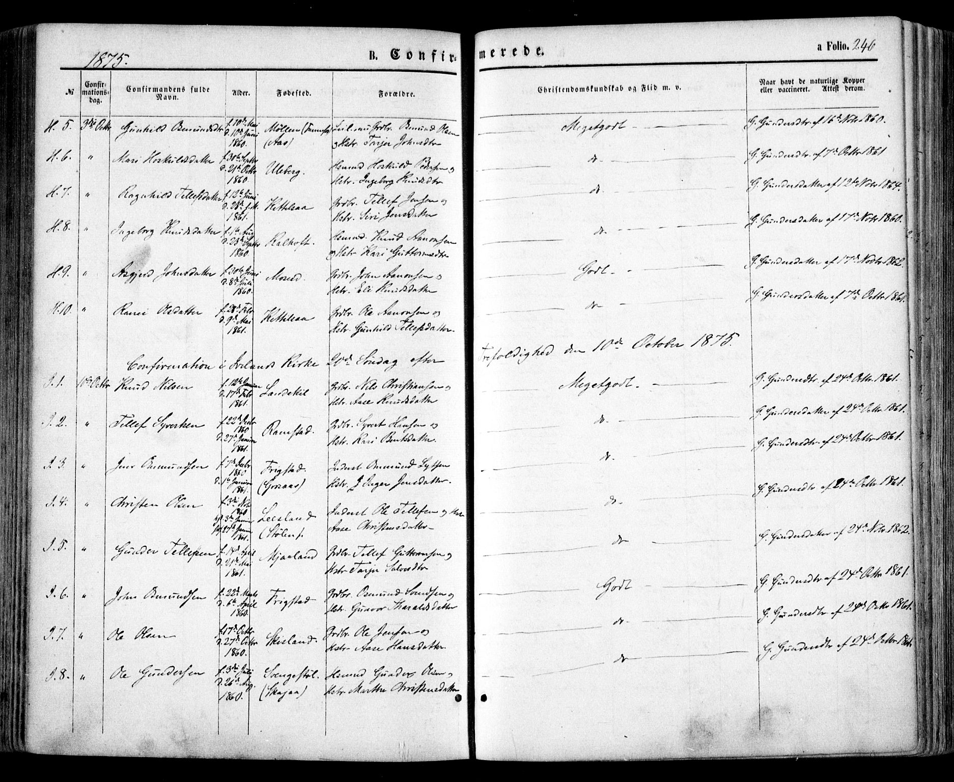 Evje sokneprestkontor, AV/SAK-1111-0008/F/Fa/Faa/L0006: Parish register (official) no. A 6, 1866-1884, p. 246