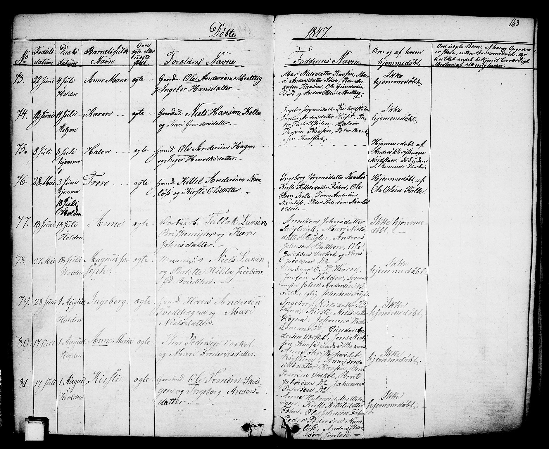 Holla kirkebøker, SAKO/A-272/F/Fa/L0004: Parish register (official) no. 4, 1830-1848, p. 163