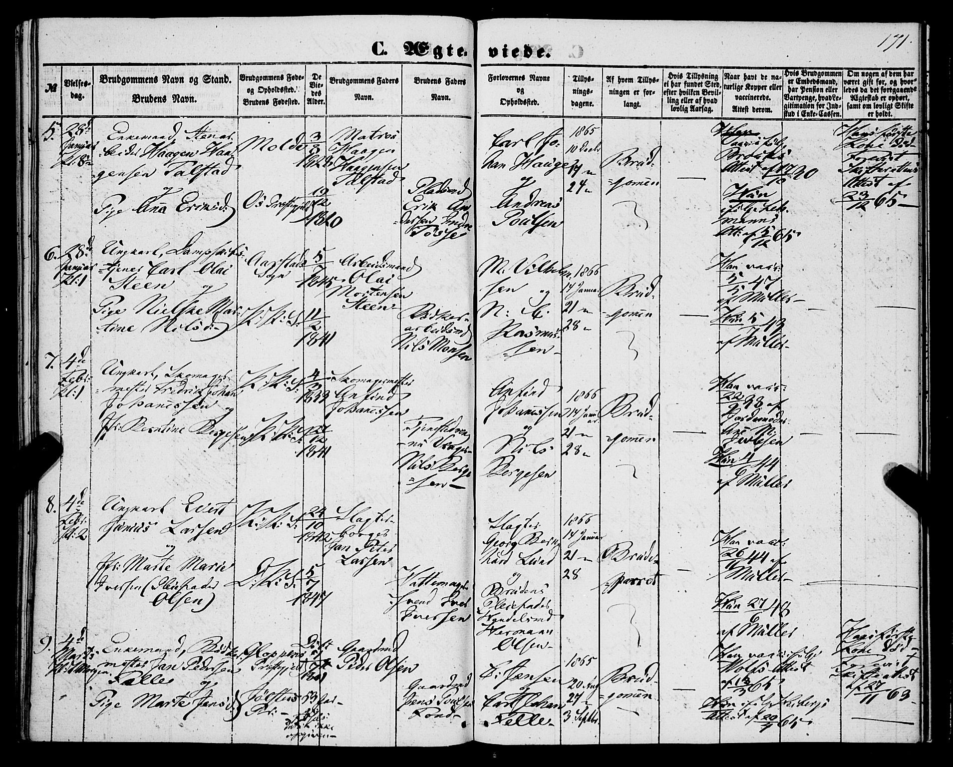 Korskirken sokneprestembete, SAB/A-76101/H/Haa/L0035: Parish register (official) no. D 2, 1852-1867, p. 171