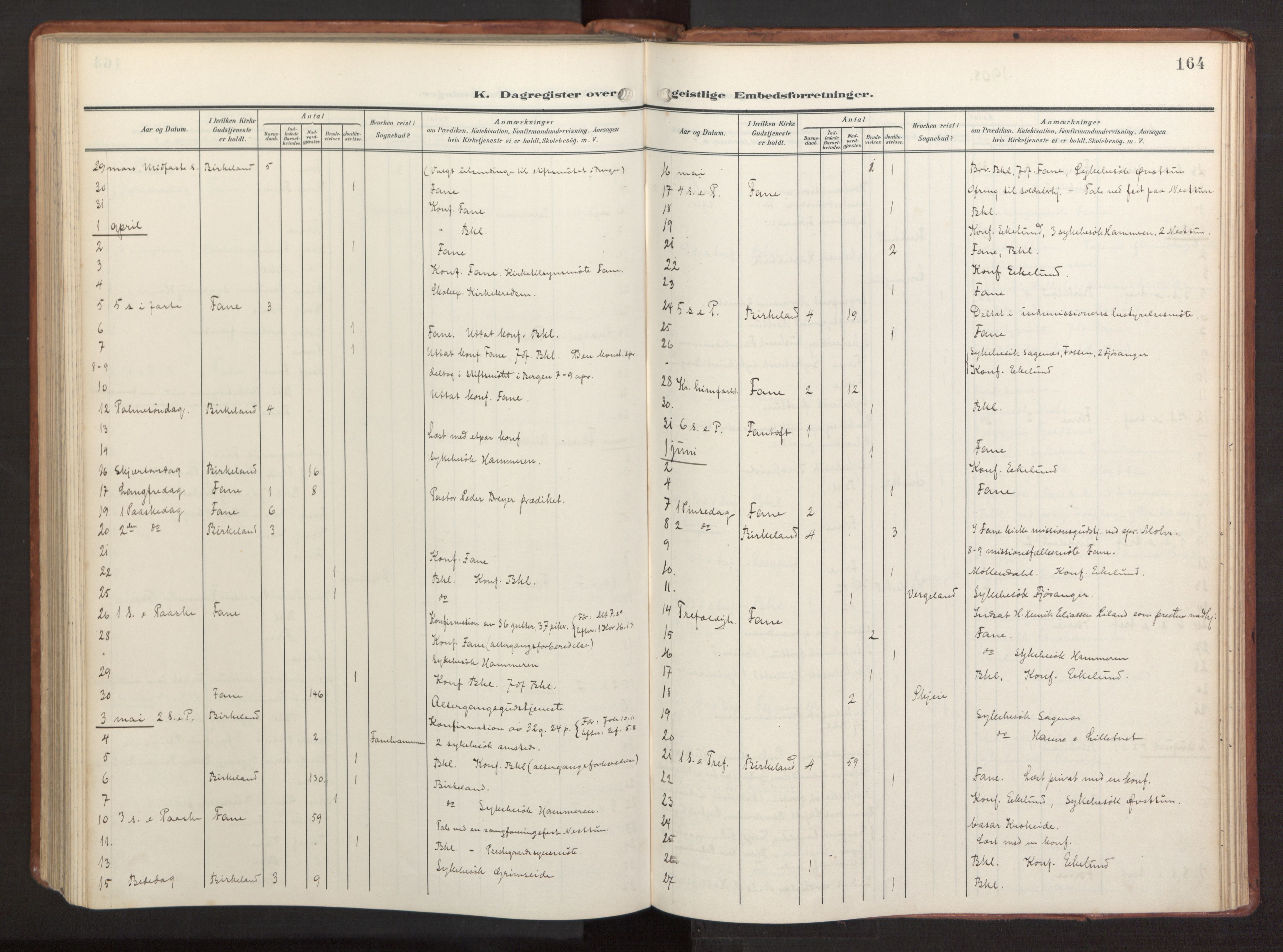 Fana Sokneprestembete, AV/SAB-A-75101/H/Haa/Haab/L0004: Parish register (official) no. B 4, 1908-1915, p. 164