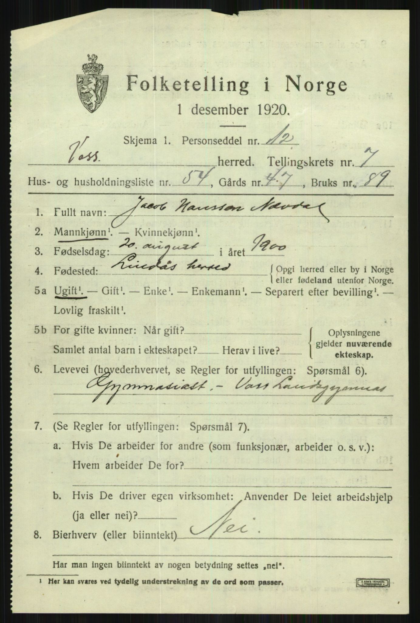 SAB, 1920 census for Voss, 1920, p. 7657