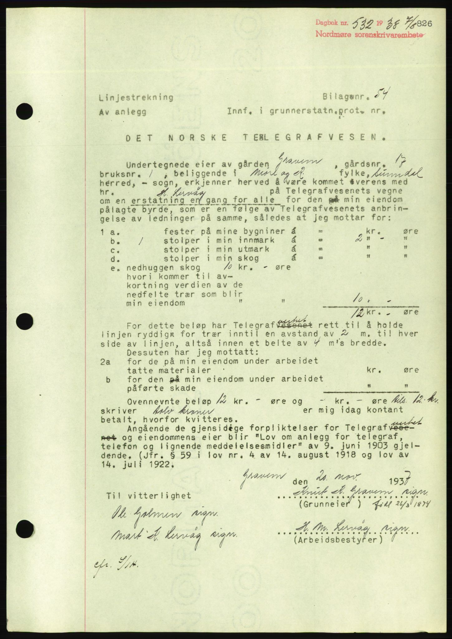 Nordmøre sorenskriveri, AV/SAT-A-4132/1/2/2Ca/L0092: Mortgage book no. B82, 1937-1938, Diary no: : 532/1938