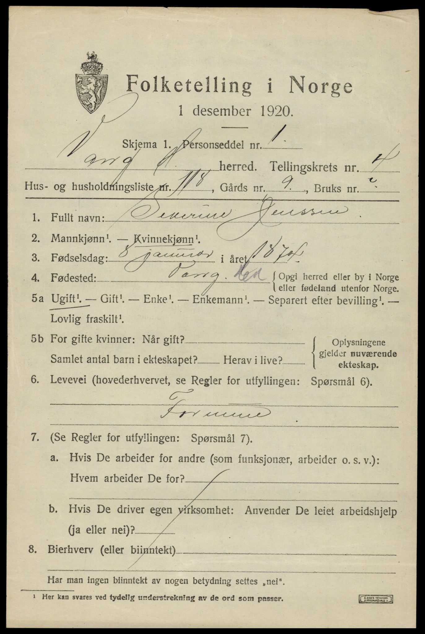 SAH, 1920 census for Vang (Hedmark), 1920, p. 13845