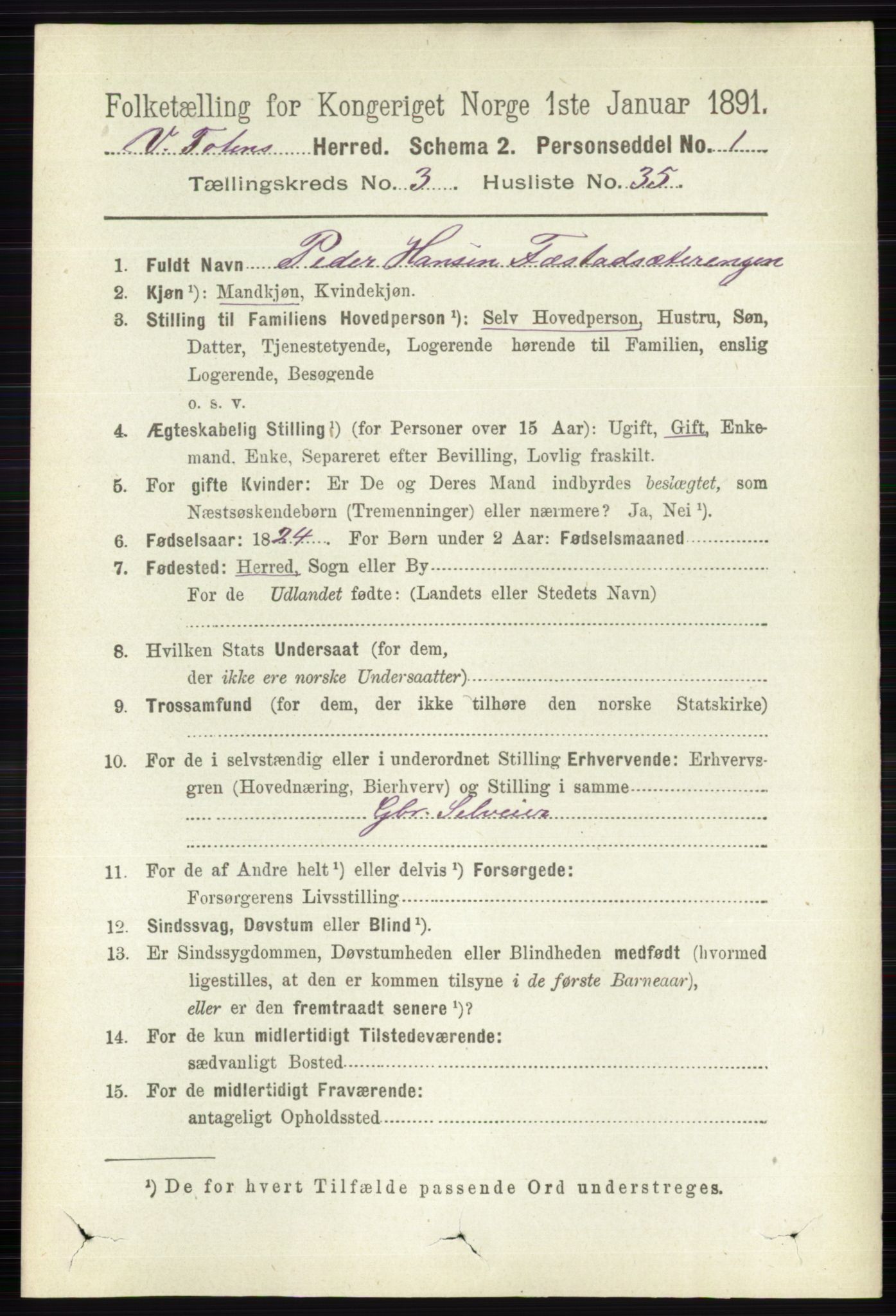 RA, 1891 census for 0529 Vestre Toten, 1891, p. 2169