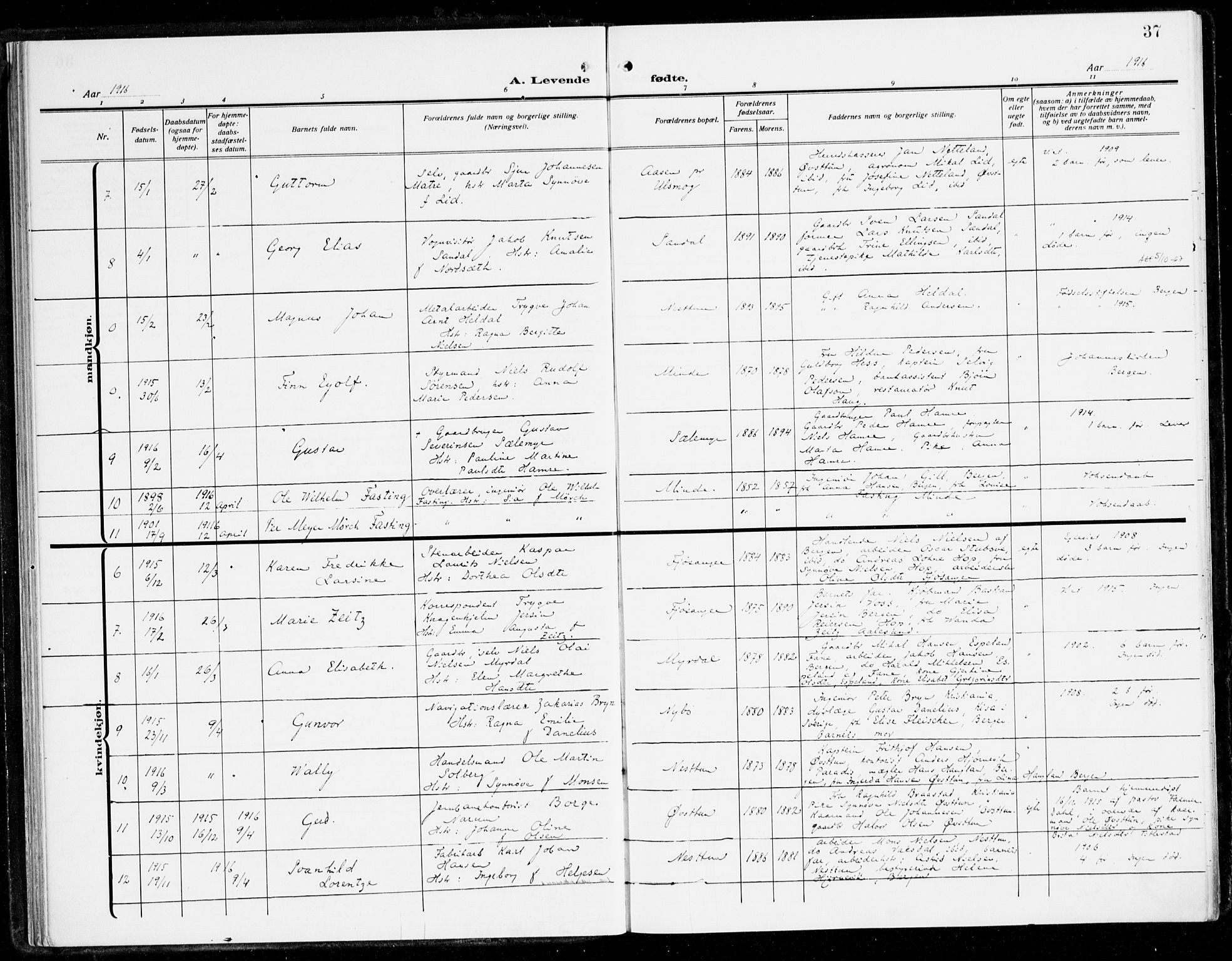 Fana Sokneprestembete, AV/SAB-A-75101/H/Haa/Haai/L0004: Parish register (official) no. I 4, 1912-1933, p. 37