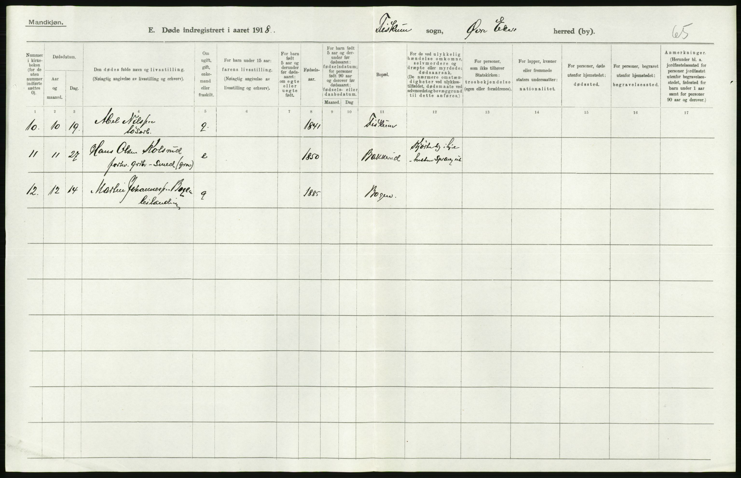 Statistisk sentralbyrå, Sosiodemografiske emner, Befolkning, AV/RA-S-2228/D/Df/Dfb/Dfbh/L0020: Buskerud fylke: Døde. Bygder og byer., 1918, p. 100