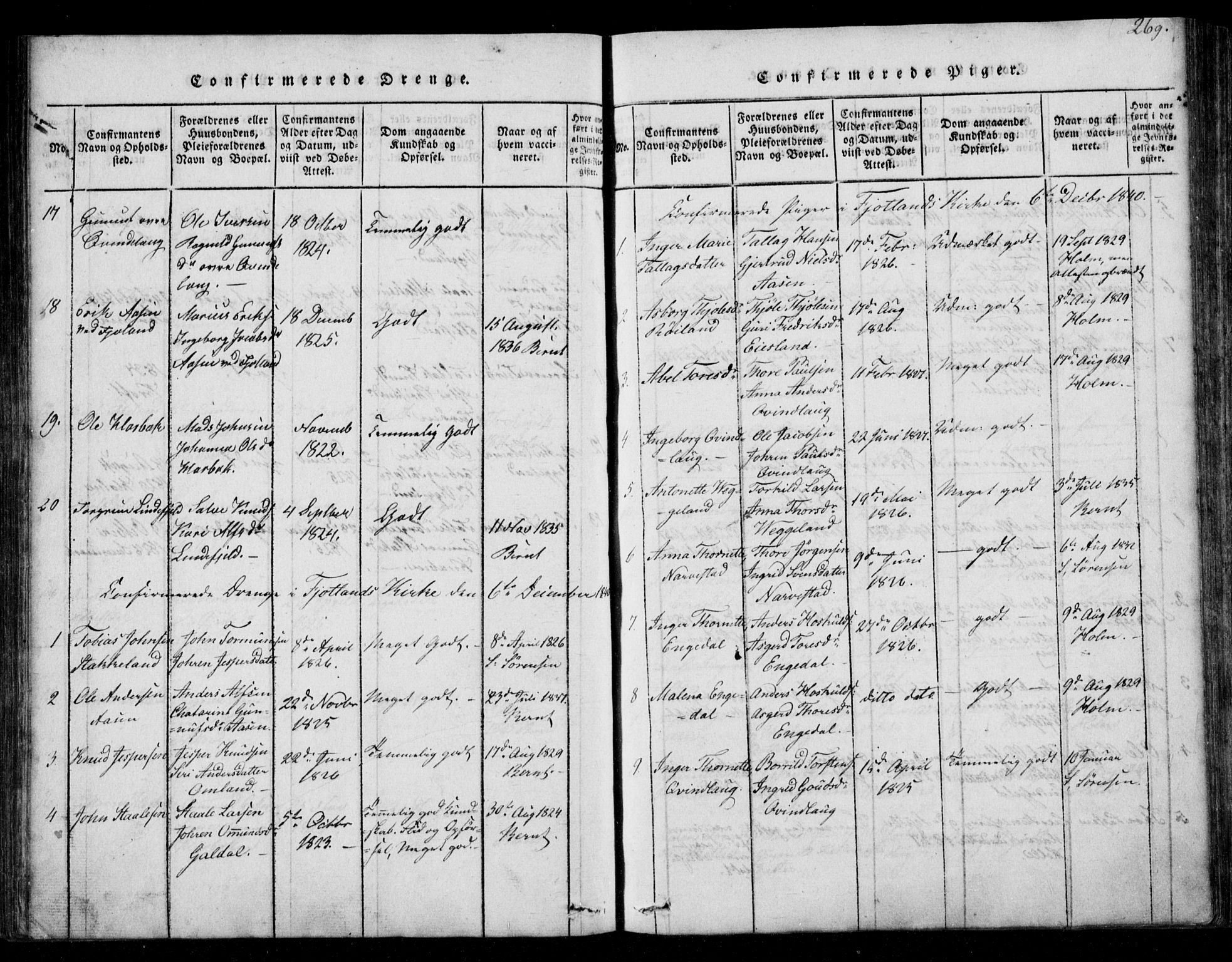 Fjotland sokneprestkontor, AV/SAK-1111-0010/F/Fb/L0001: Parish register (copy) no. B 1, 1816-1849, p. 269