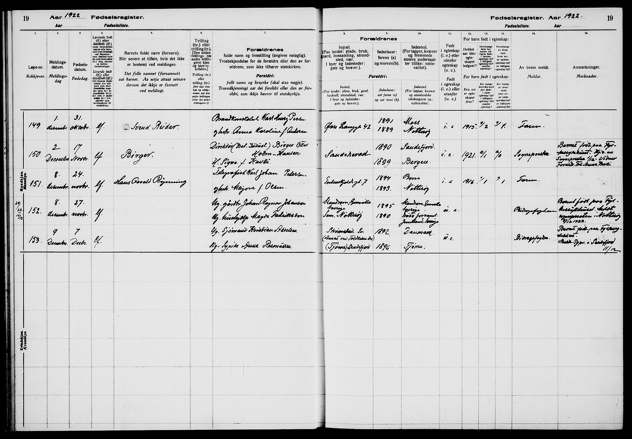 Tønsberg kirkebøker, AV/SAKO-A-330/J/Ja/L0002: Birth register no. 2, 1922-1928, p. 19