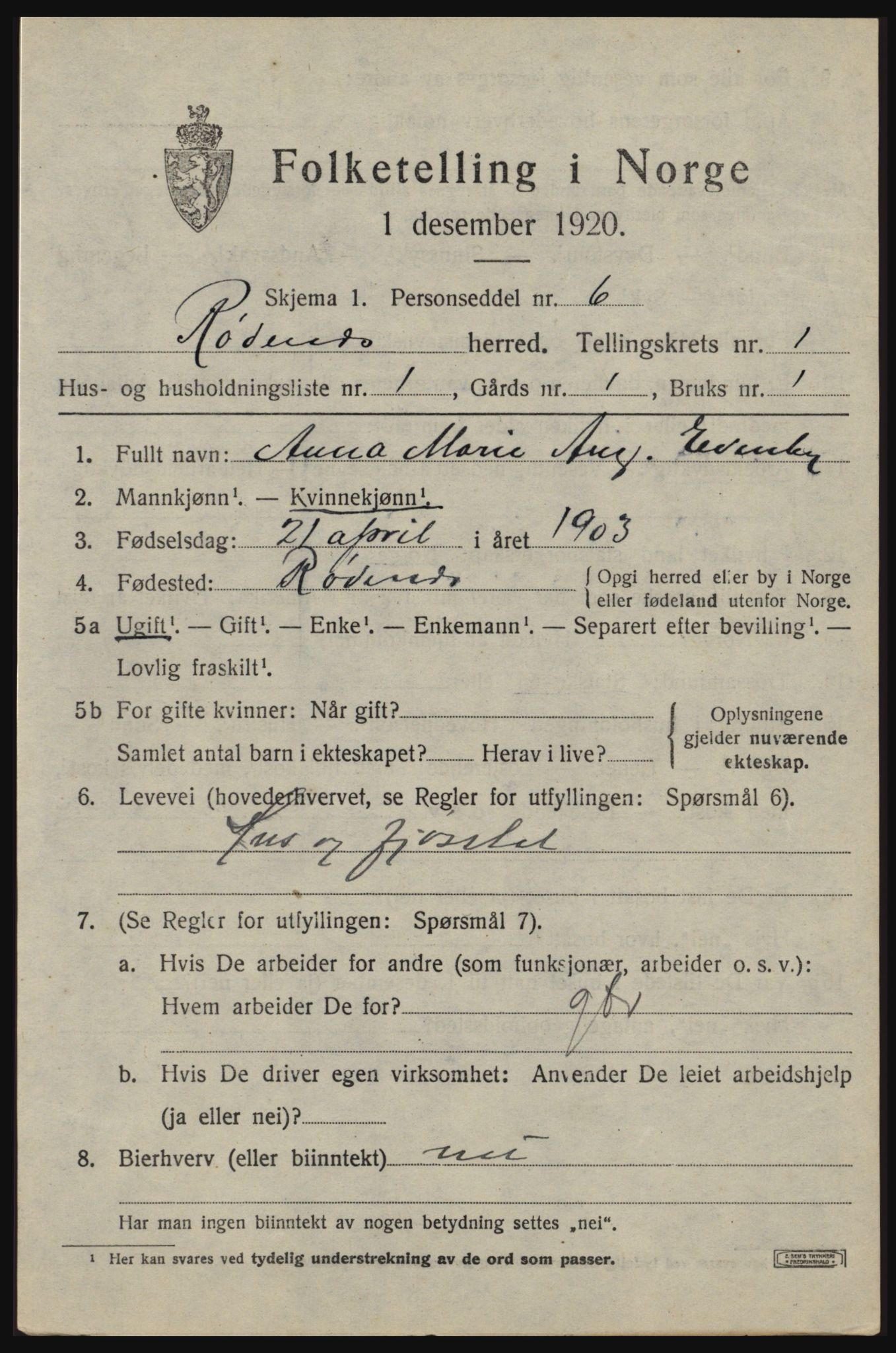 SAO, 1920 census for Rødenes, 1920, p. 574