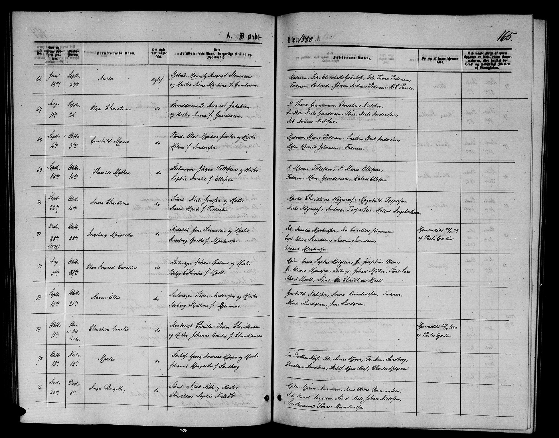 Arendal sokneprestkontor, Trefoldighet, AV/SAK-1111-0040/F/Fb/L0005: Parish register (copy) no. B 5, 1874-1888, p. 165