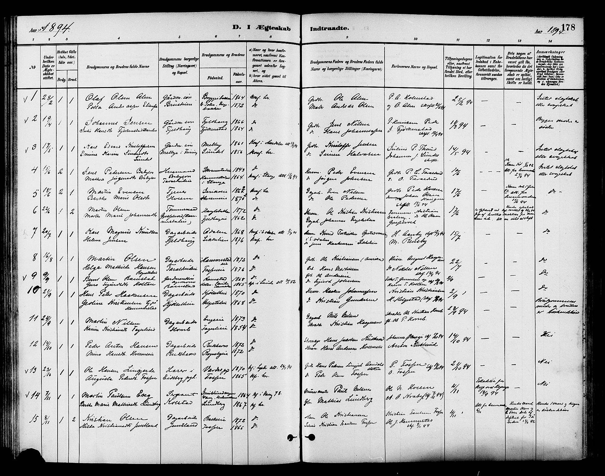 Østre Toten prestekontor, SAH/PREST-104/H/Ha/Haa/L0007: Parish register (official) no. 7, 1881-1896, p. 178