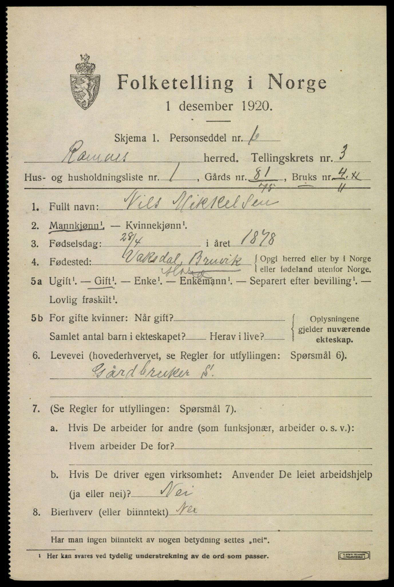 SAKO, 1920 census for Ramnes, 1920, p. 3250