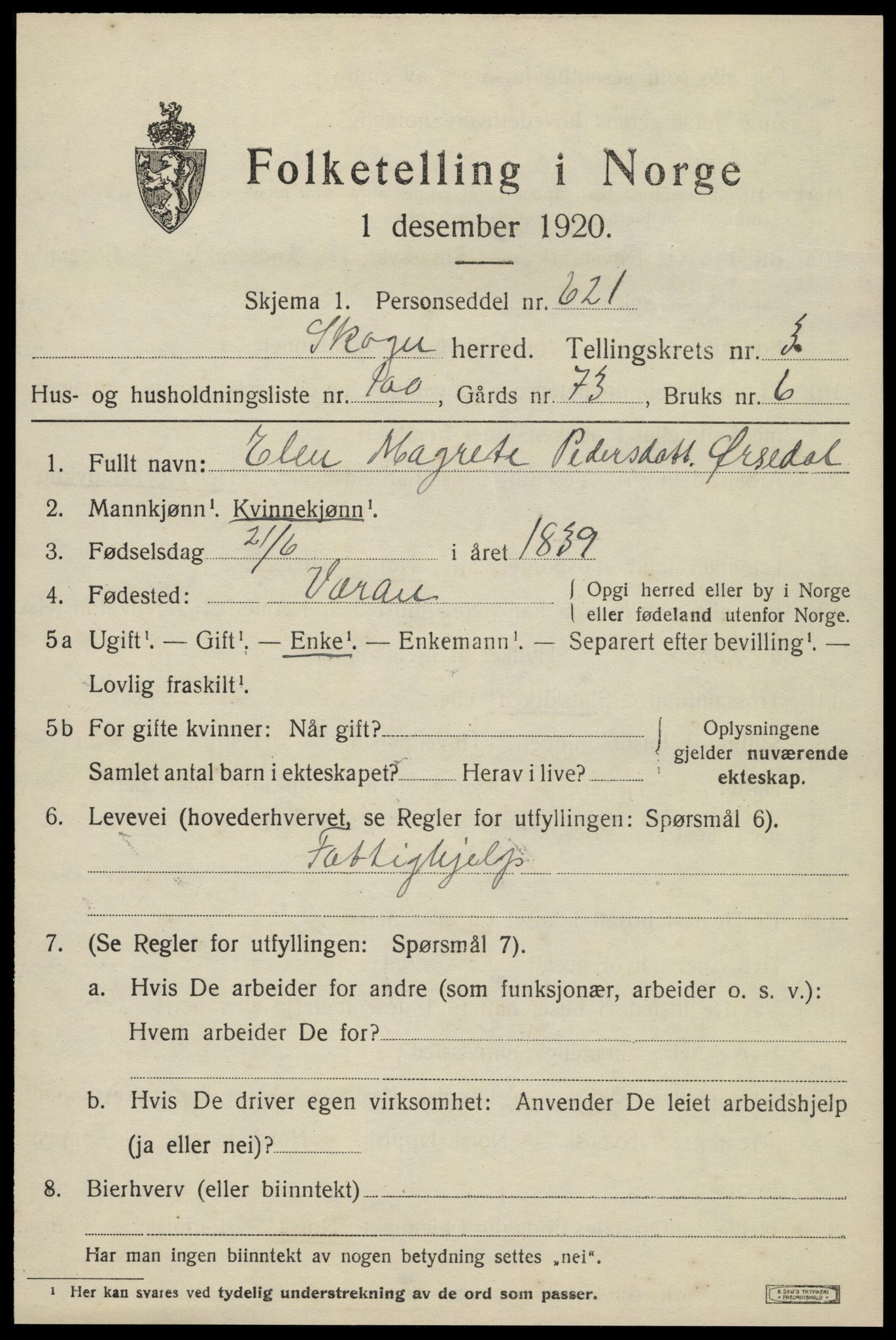 SAT, 1920 census for Skogn, 1920, p. 5839