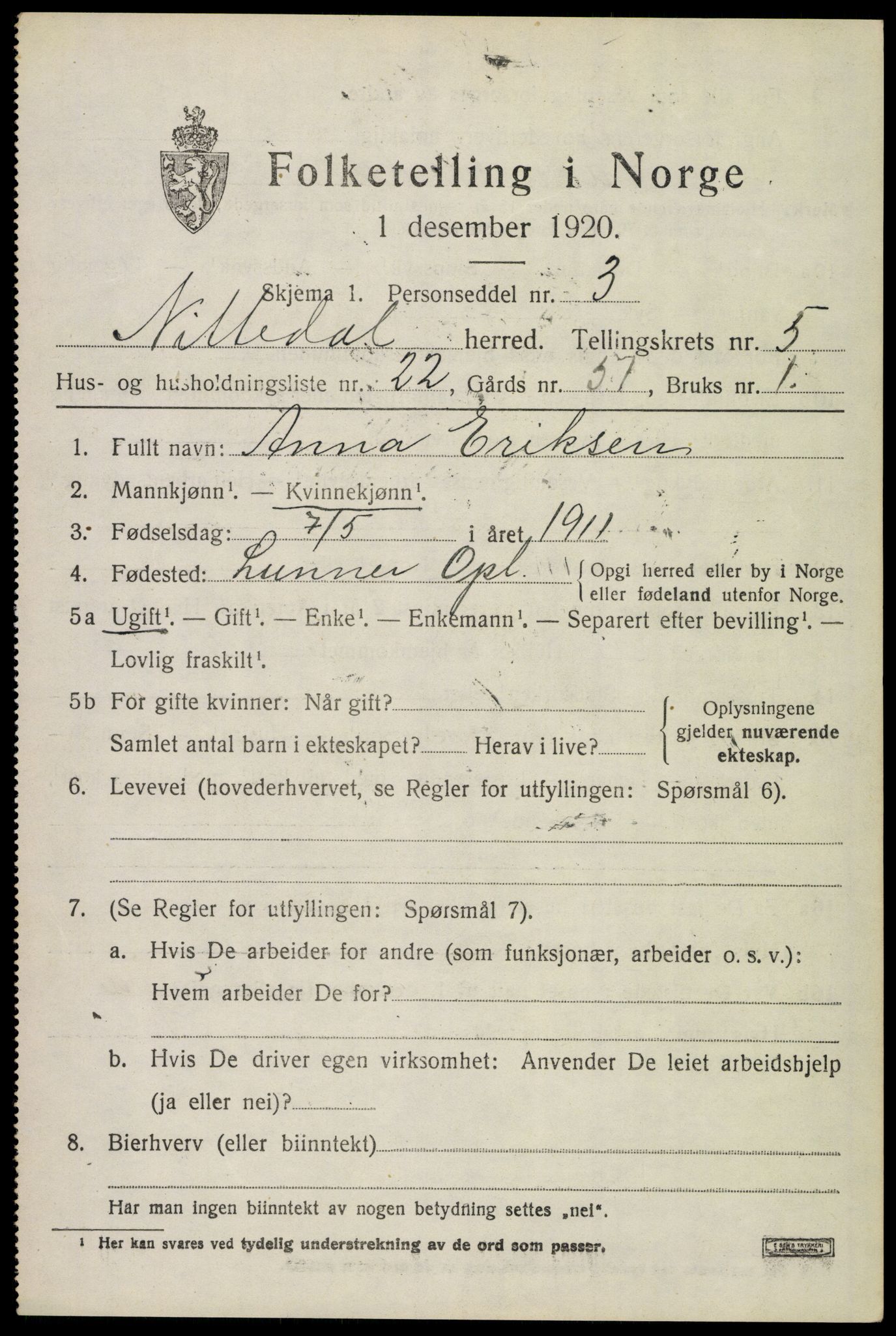 SAO, 1920 census for Nittedal, 1920, p. 6720