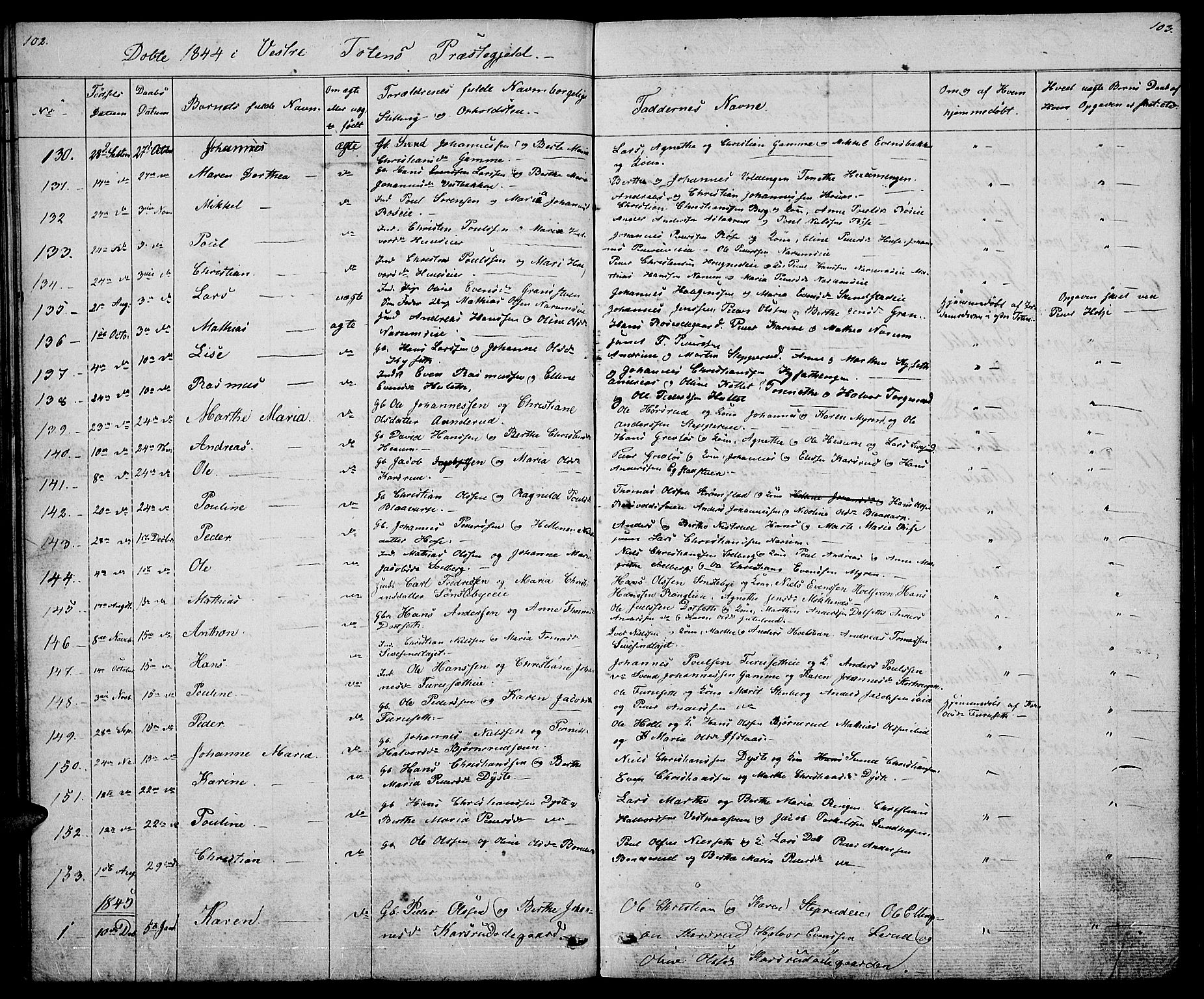 Vestre Toten prestekontor, SAH/PREST-108/H/Ha/Hab/L0002: Parish register (copy) no. 2, 1836-1848, p. 102-103