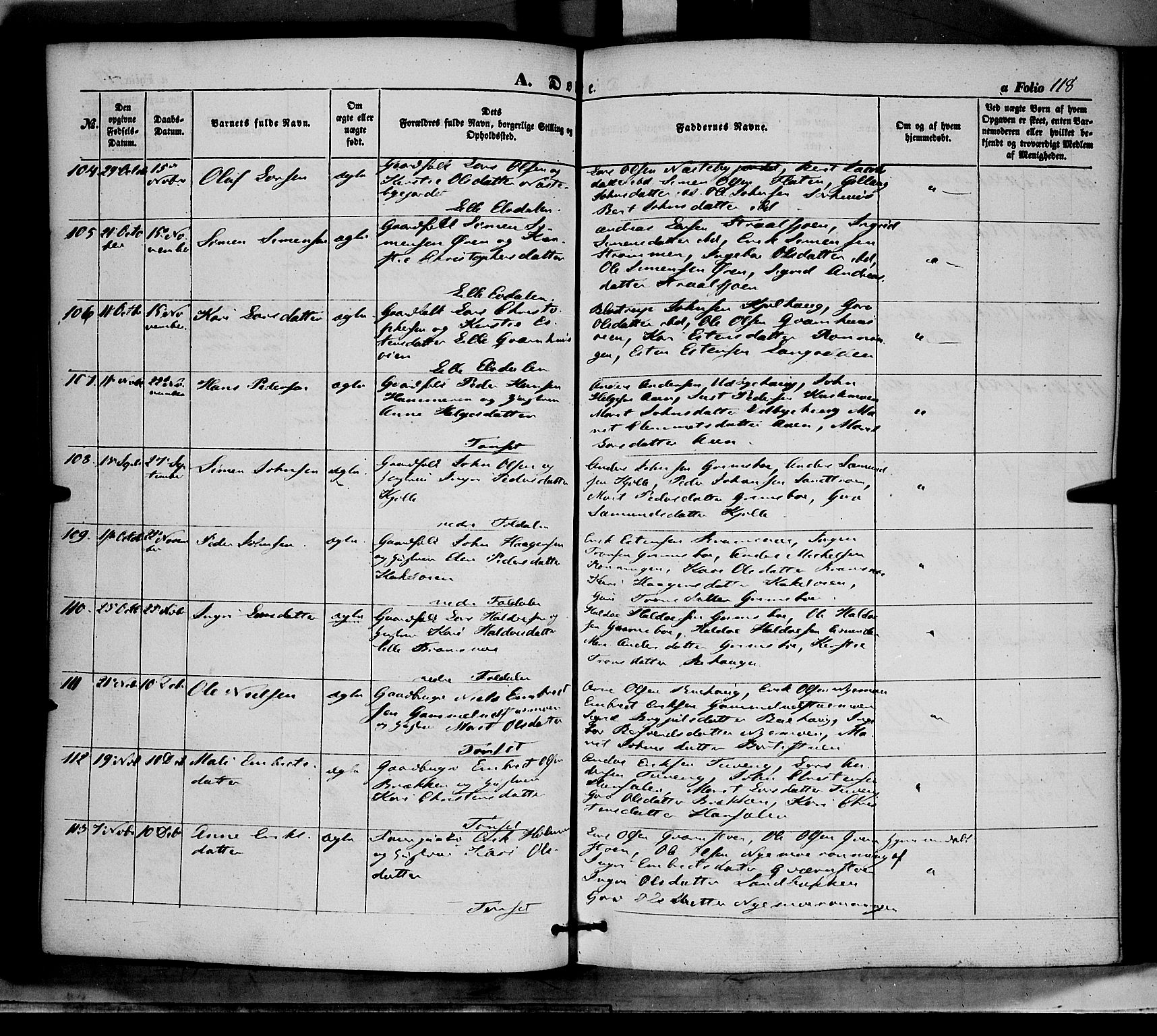 Tynset prestekontor, SAH/PREST-058/H/Ha/Haa/L0020: Parish register (official) no. 20, 1848-1862, p. 118